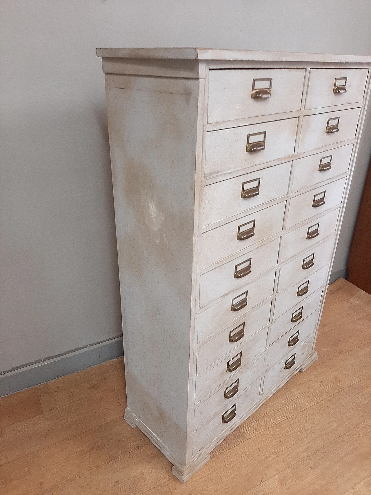 White wood filing cabinet with brass handles, early 20th century 8