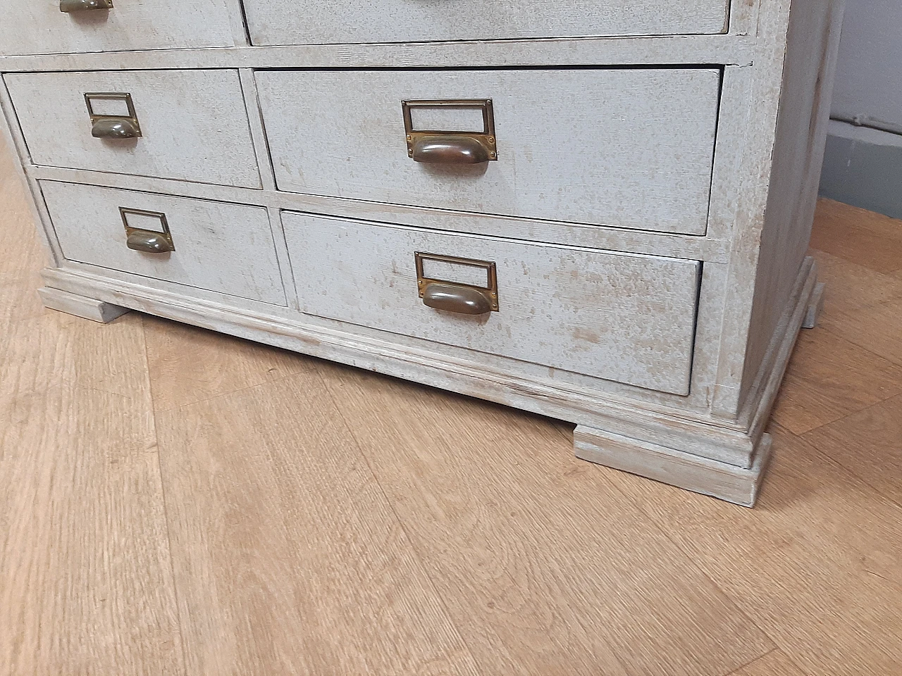 White wood filing cabinet with brass handles, early 20th century 9