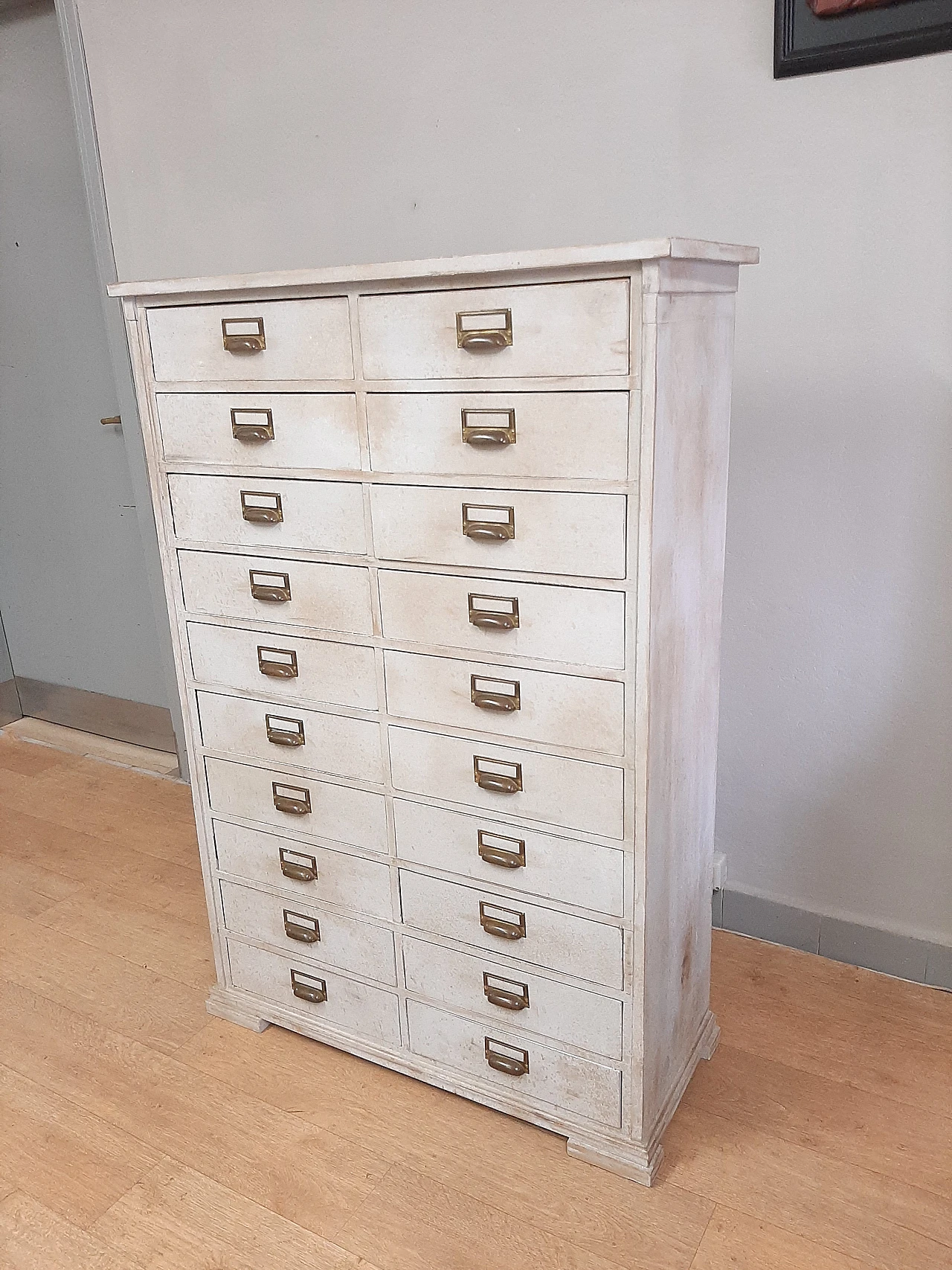 White wood filing cabinet with brass handles, early 20th century 10