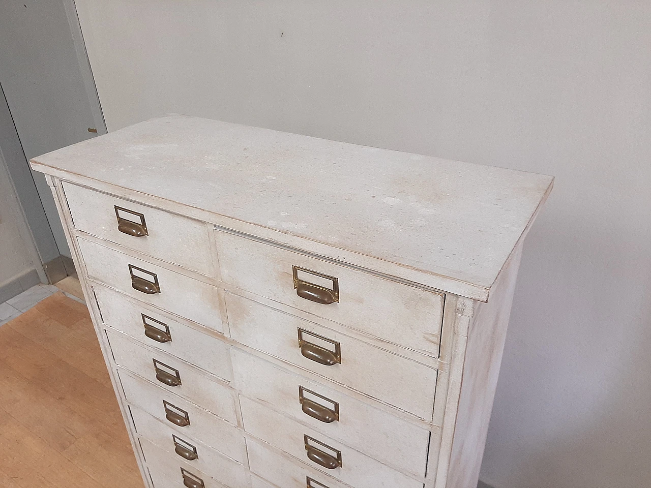 White wood filing cabinet with brass handles, early 20th century 11