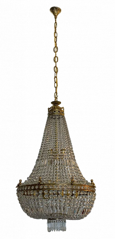 Hot air balloon chandelier in brass & bohemian crystal, 1950s