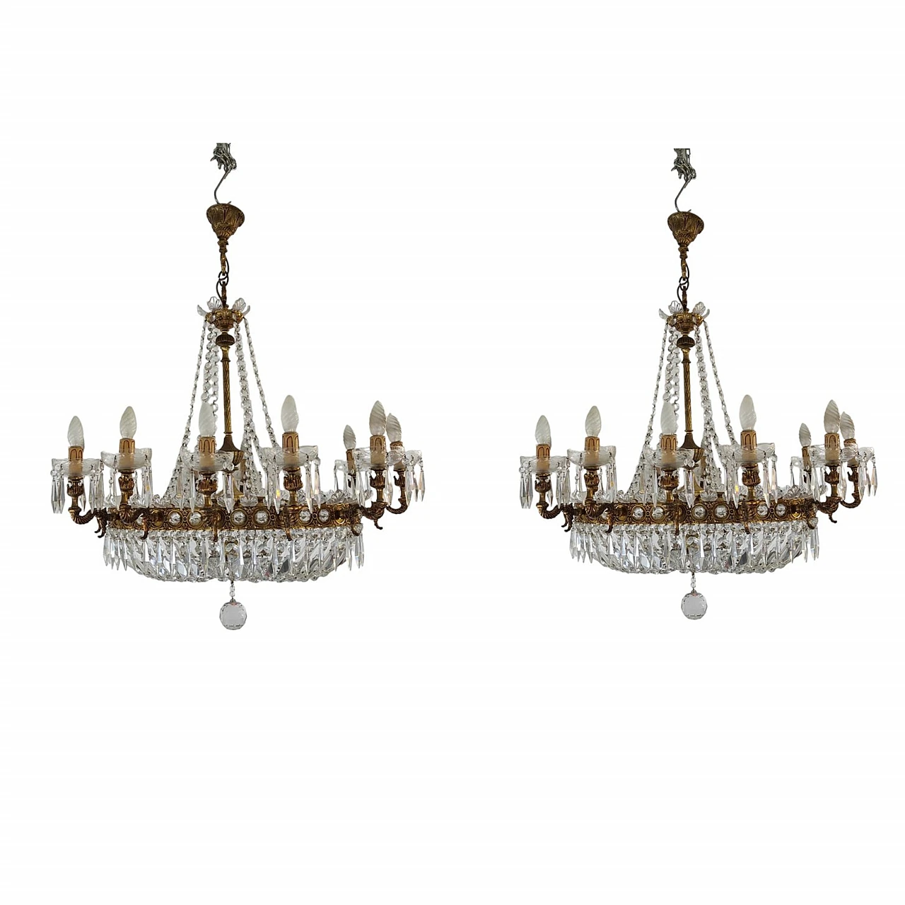 Pair of oval hot air balloon chandeliers in brass & crystal, 1950s 10