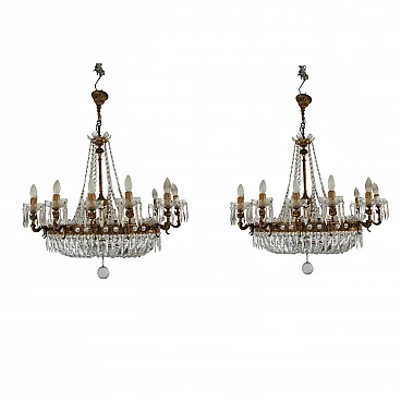 Pair of oval hot air balloon chandeliers in brass & crystal, 1950s