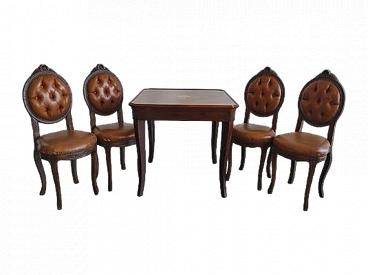 Tavolo da gioco con 4 sedie in legno e accessori, anni '80
