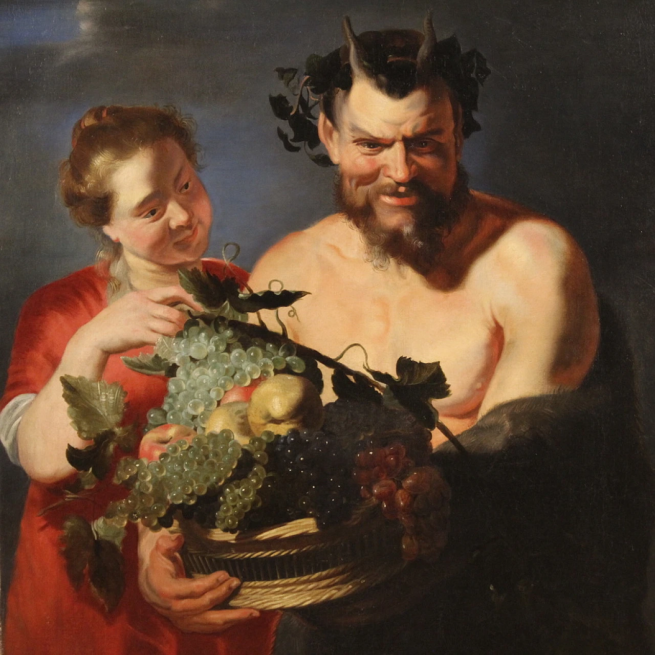 Faun and Bacchante, Flemish oil painting on canvas, 17th century 1