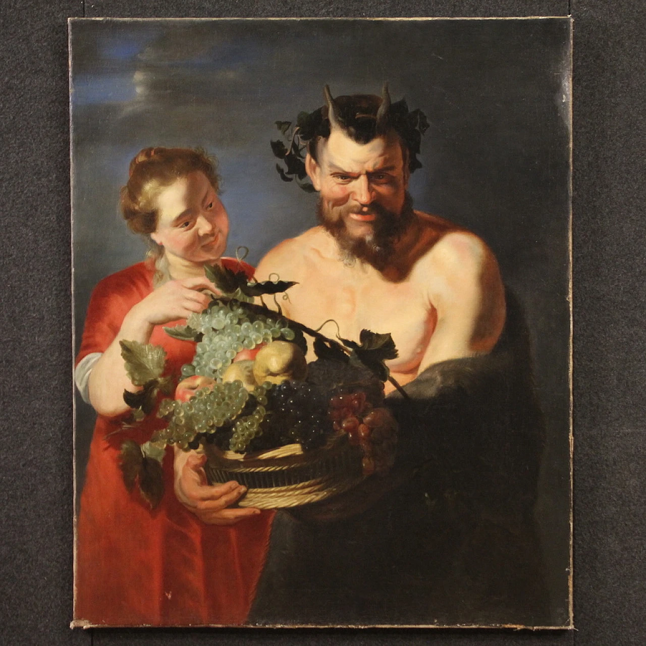 Faun and Bacchante, Flemish oil painting on canvas, 17th century 2