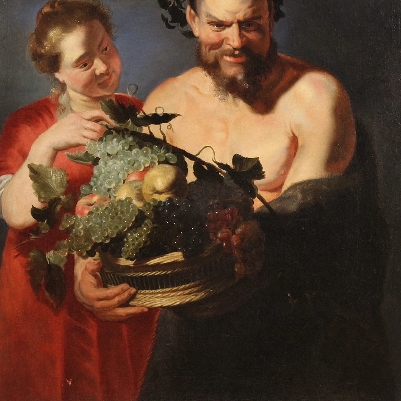 Faun and Bacchante, Flemish oil painting on canvas, 17th century 4