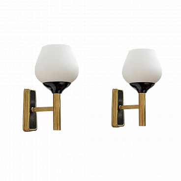 Pair of brass and opaline Murano glass wall lights, 1950s