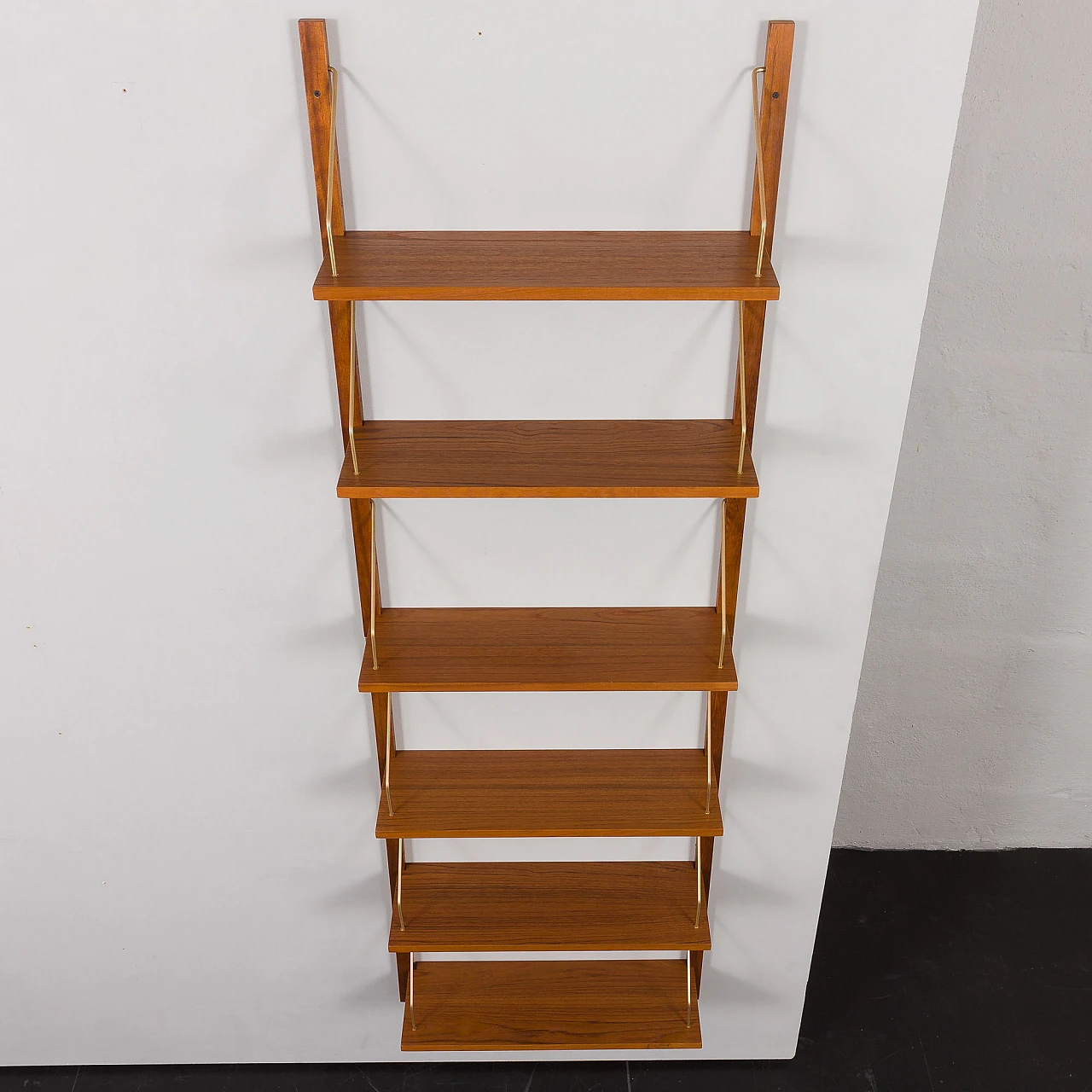 Teak and brass hanging bookcase in the style of Cadovius and Sorensen 7