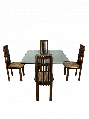 4 Chairs and table in maple, Vienna straw and glass, 1970s