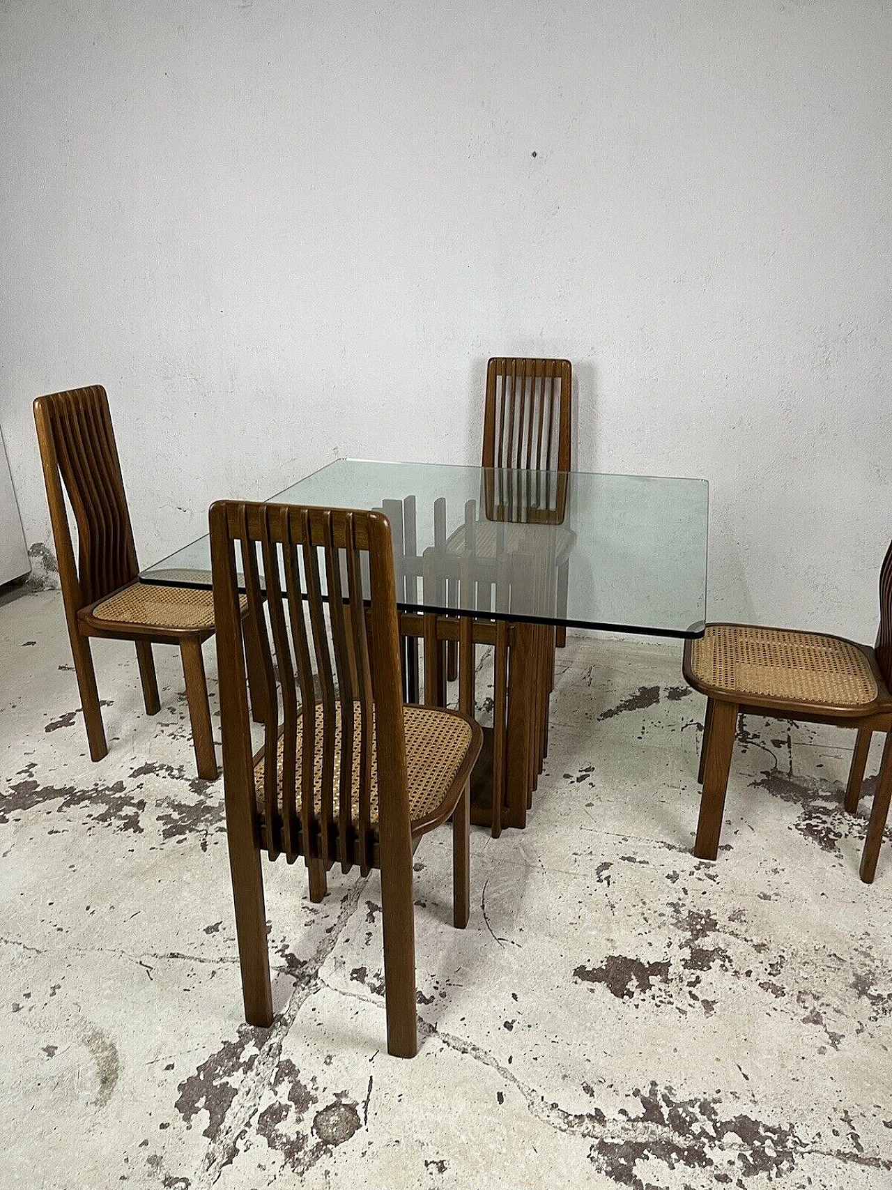 4 Chairs and table in maple, Vienna straw and glass, 1970s 3