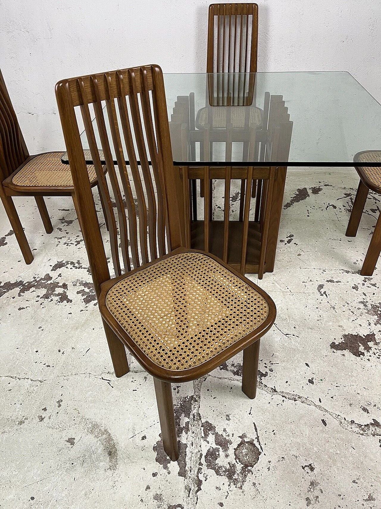 4 Chairs and table in maple, Vienna straw and glass, 1970s 5