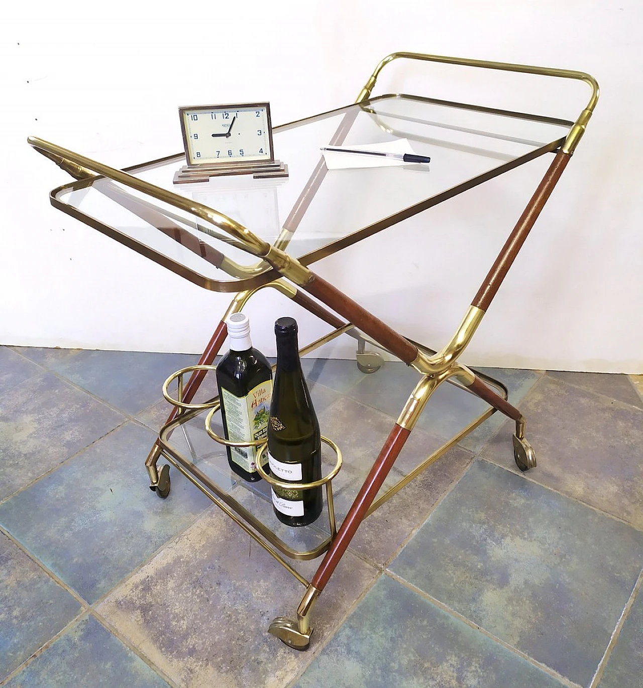 Beech, brass and glass bar cart, 1950s 2