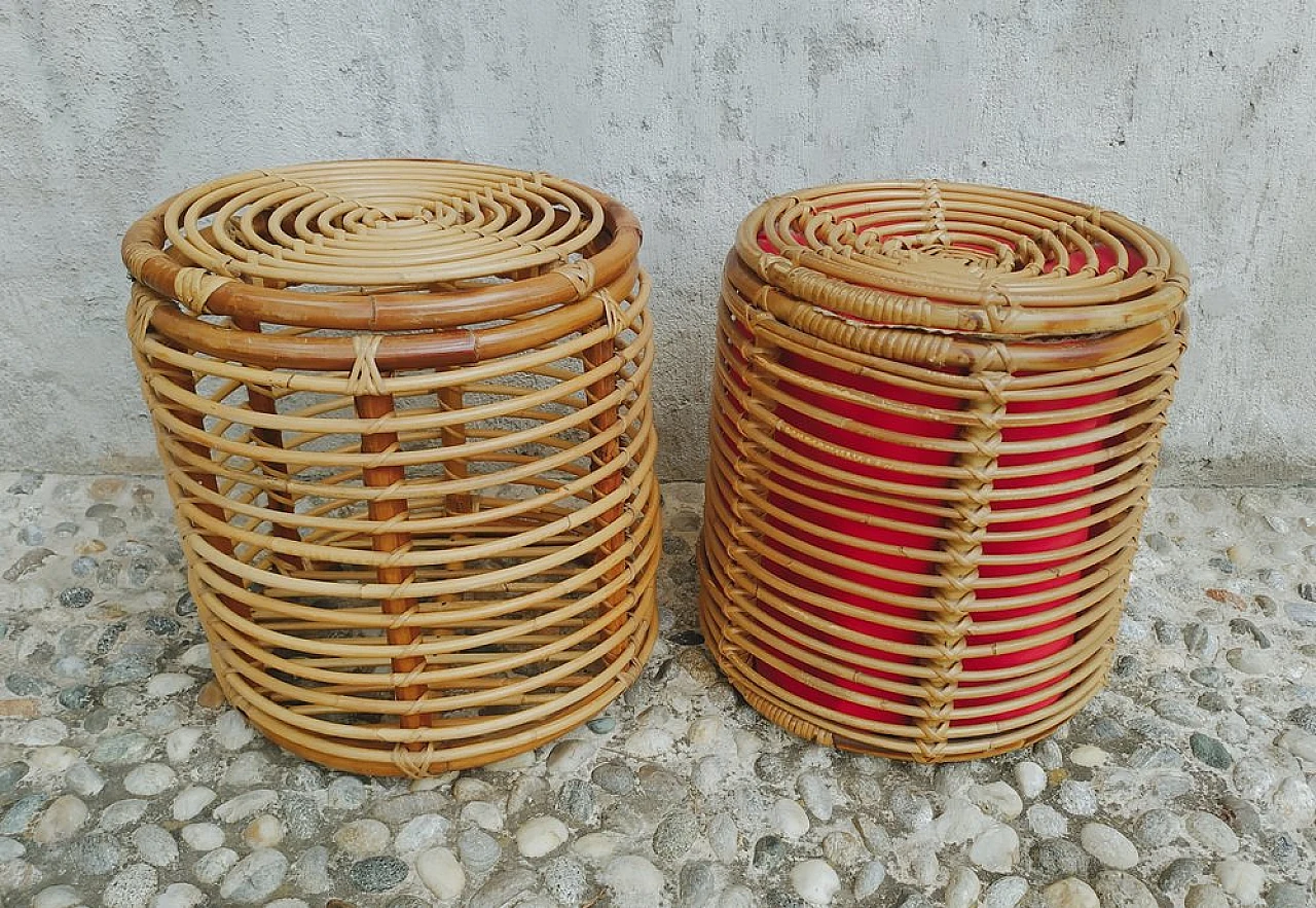 Pair of bamboo and wicker poufs, 1950s 1