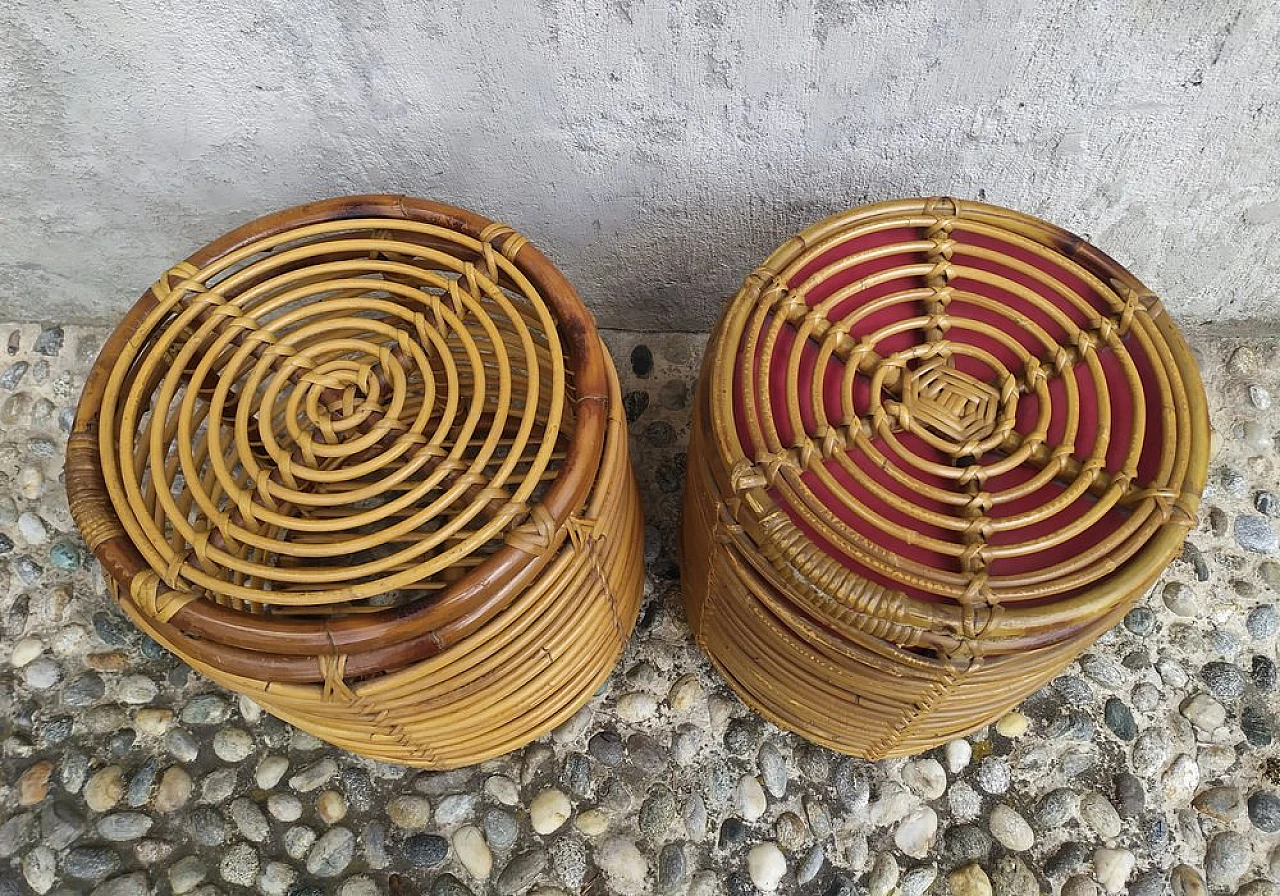 Pair of bamboo and wicker poufs, 1950s 2