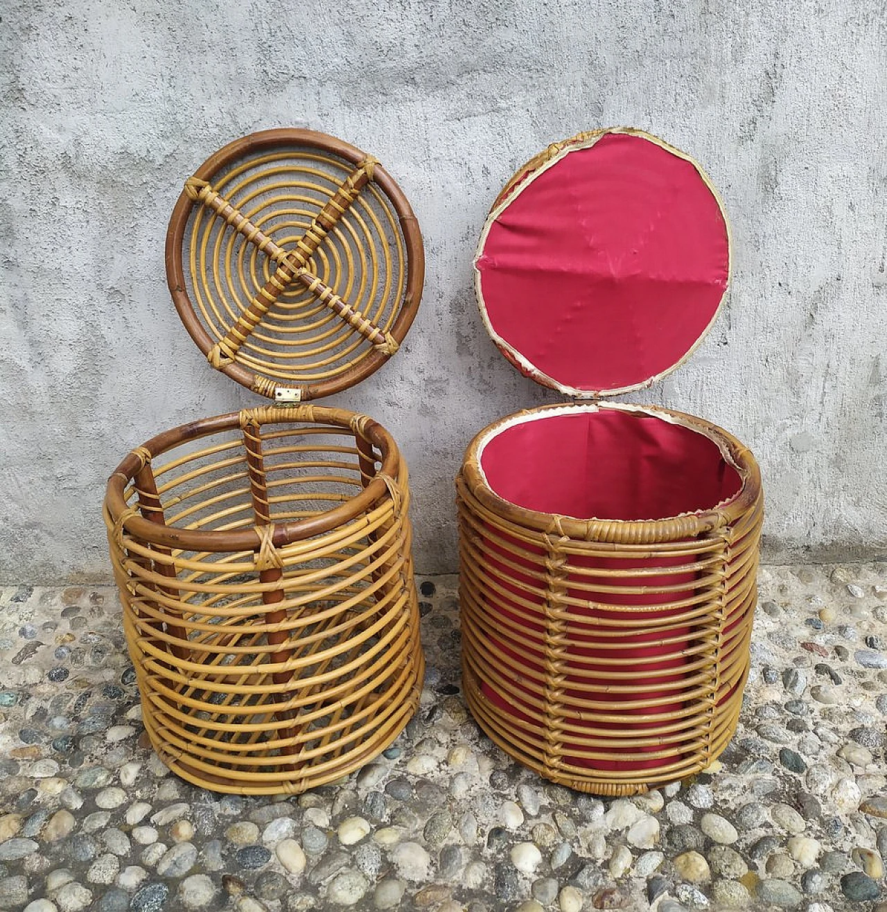 Pair of bamboo and wicker poufs, 1950s 3