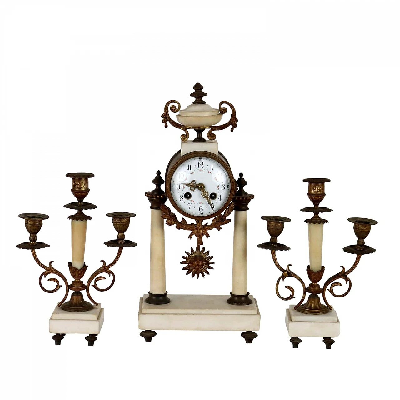 Bronze and white marble clock triptych and three-flame candelabra 1