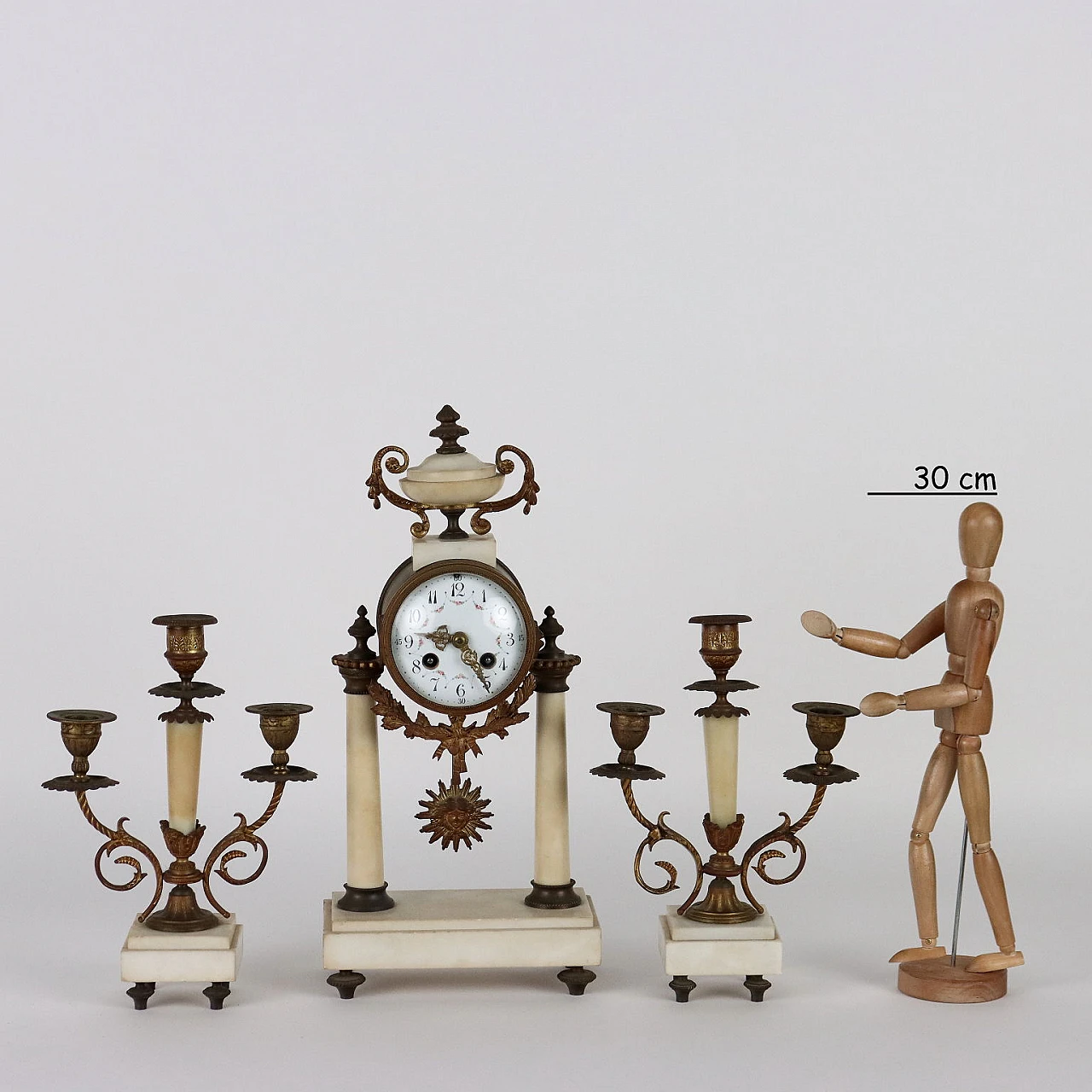 Bronze and white marble clock triptych and three-flame candelabra 2