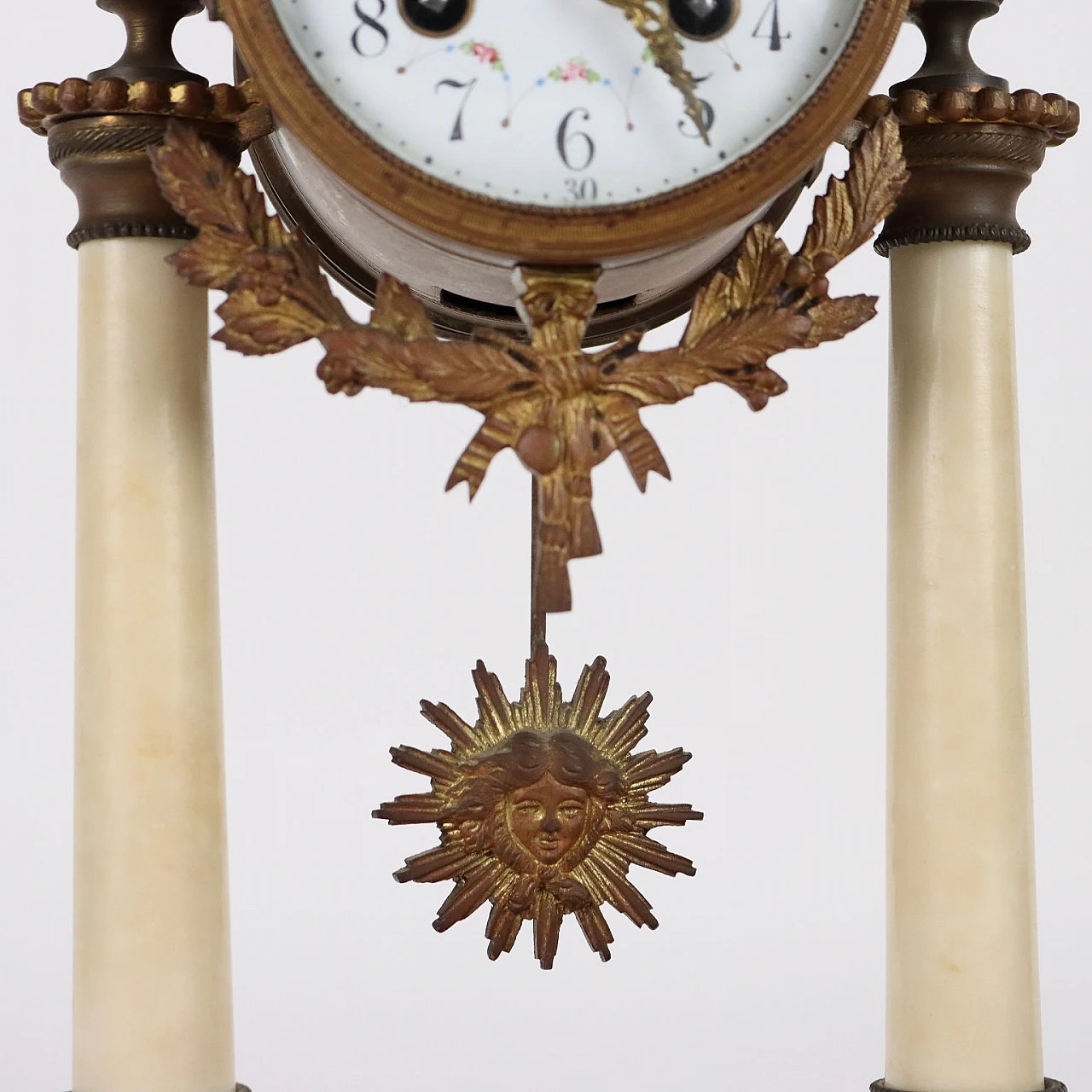 Bronze and white marble clock triptych and three-flame candelabra 5