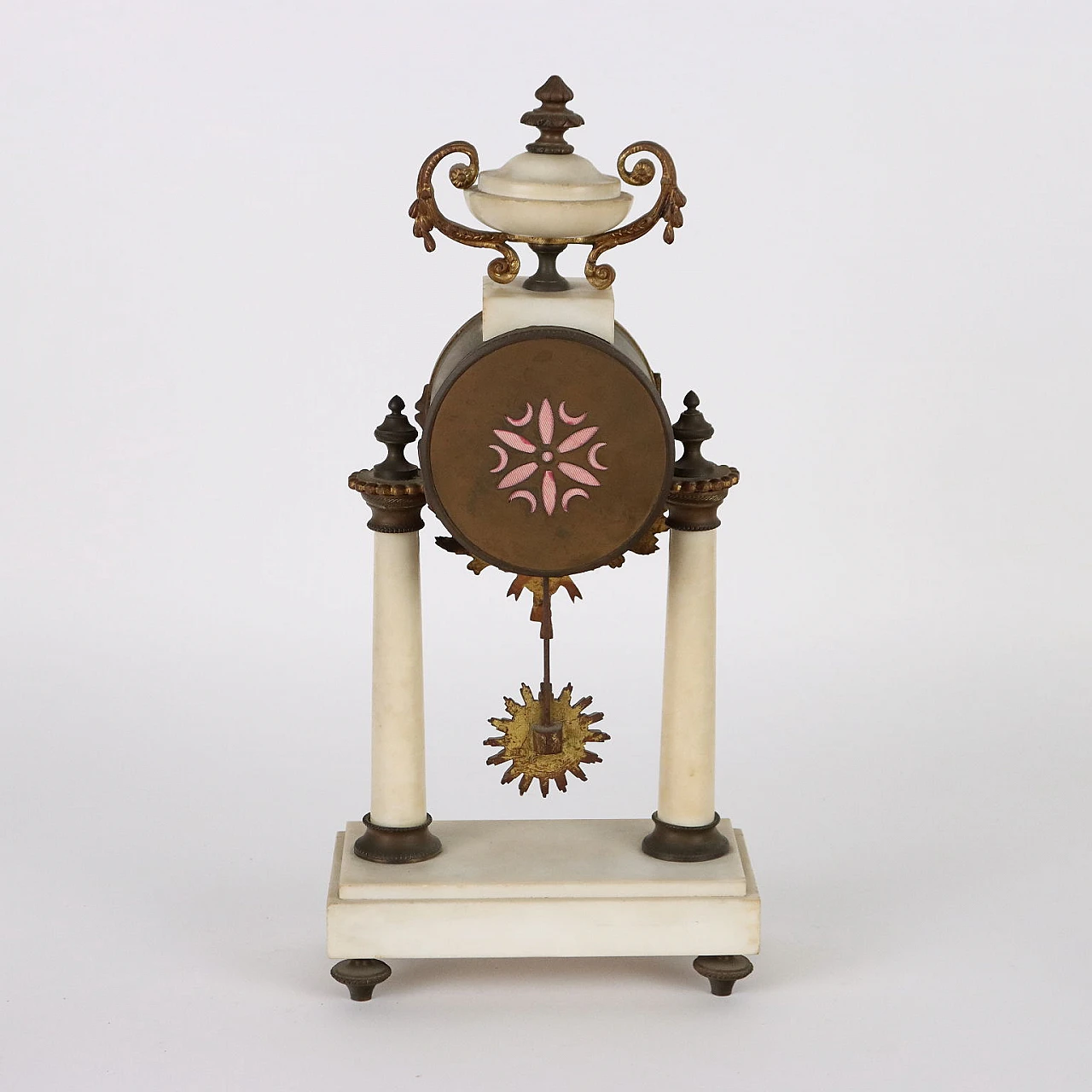 Bronze and white marble clock triptych and three-flame candelabra 6