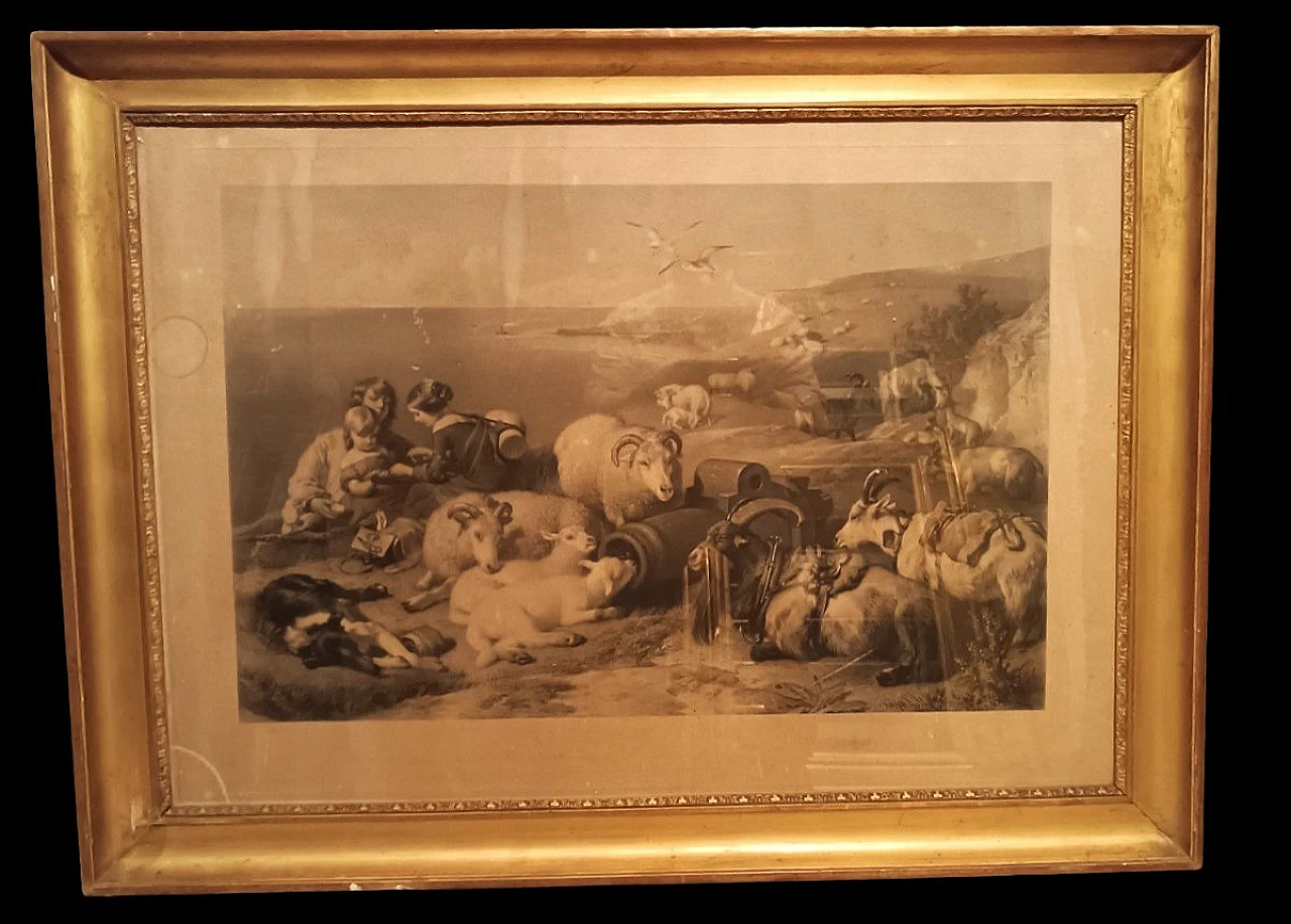 Engraving depicting animals with Charles style X frame, 19th century 1