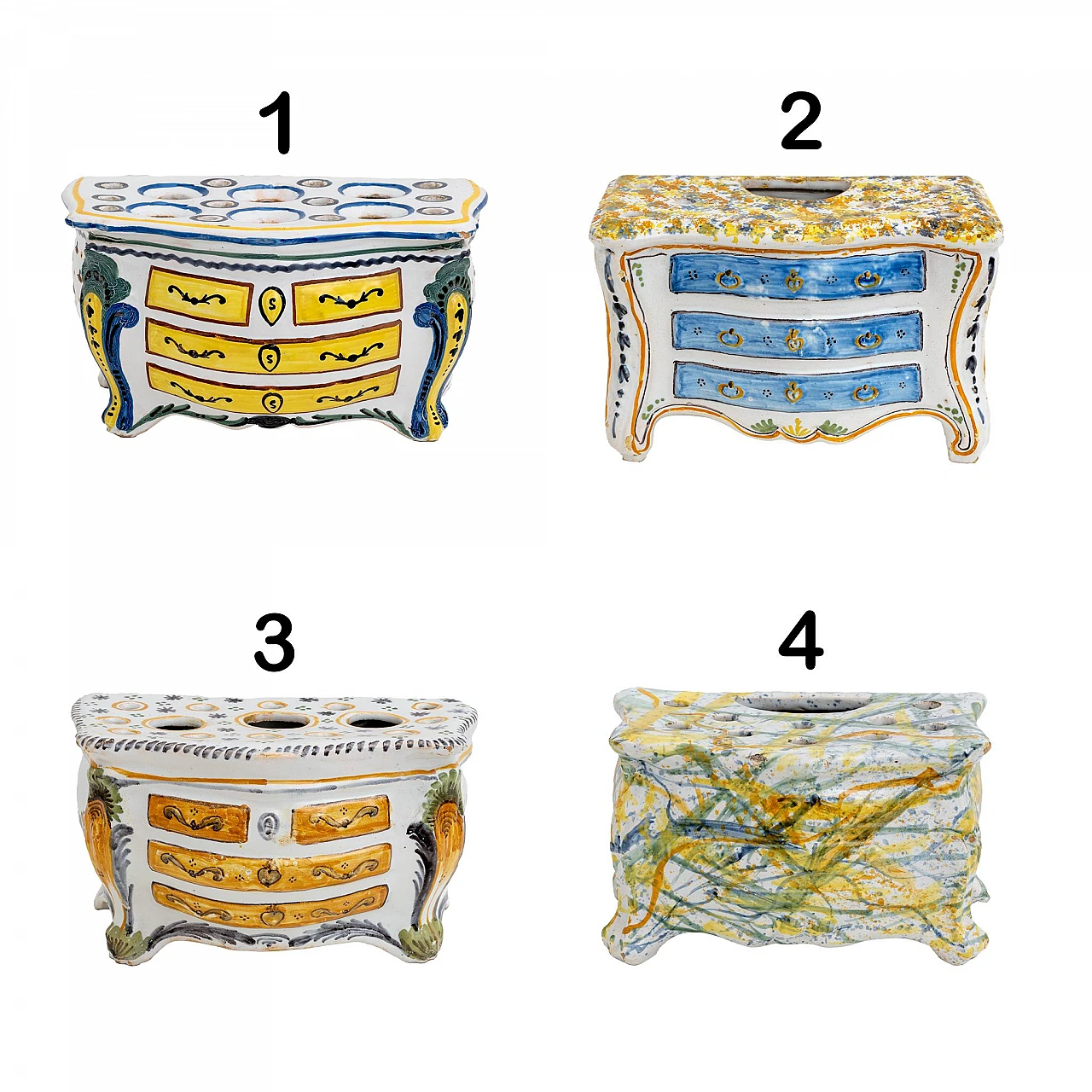 Fioriera a forma di Commode in maiolica policroma, '700 2