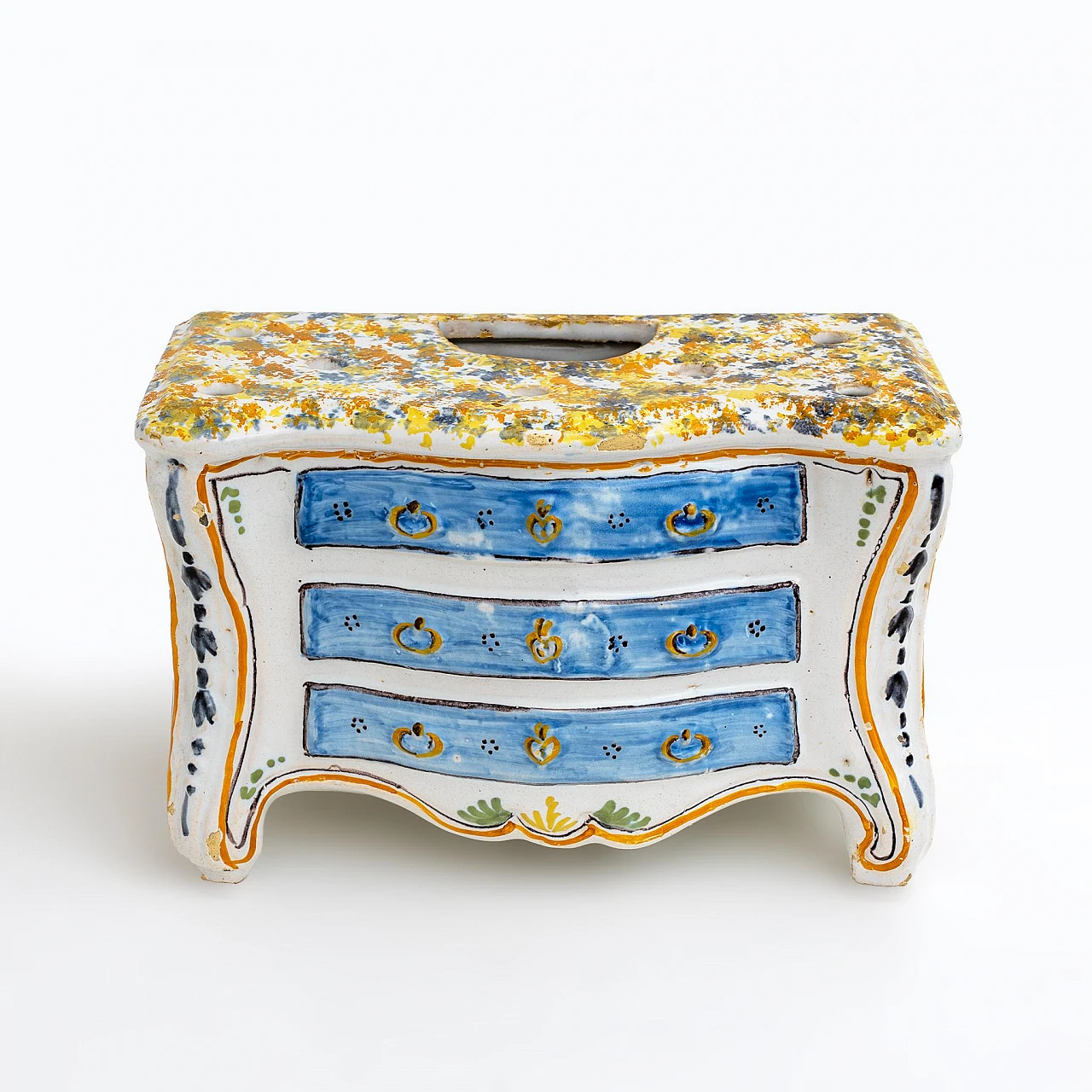 Fioriera a forma di Commode in maiolica policroma, '700 3