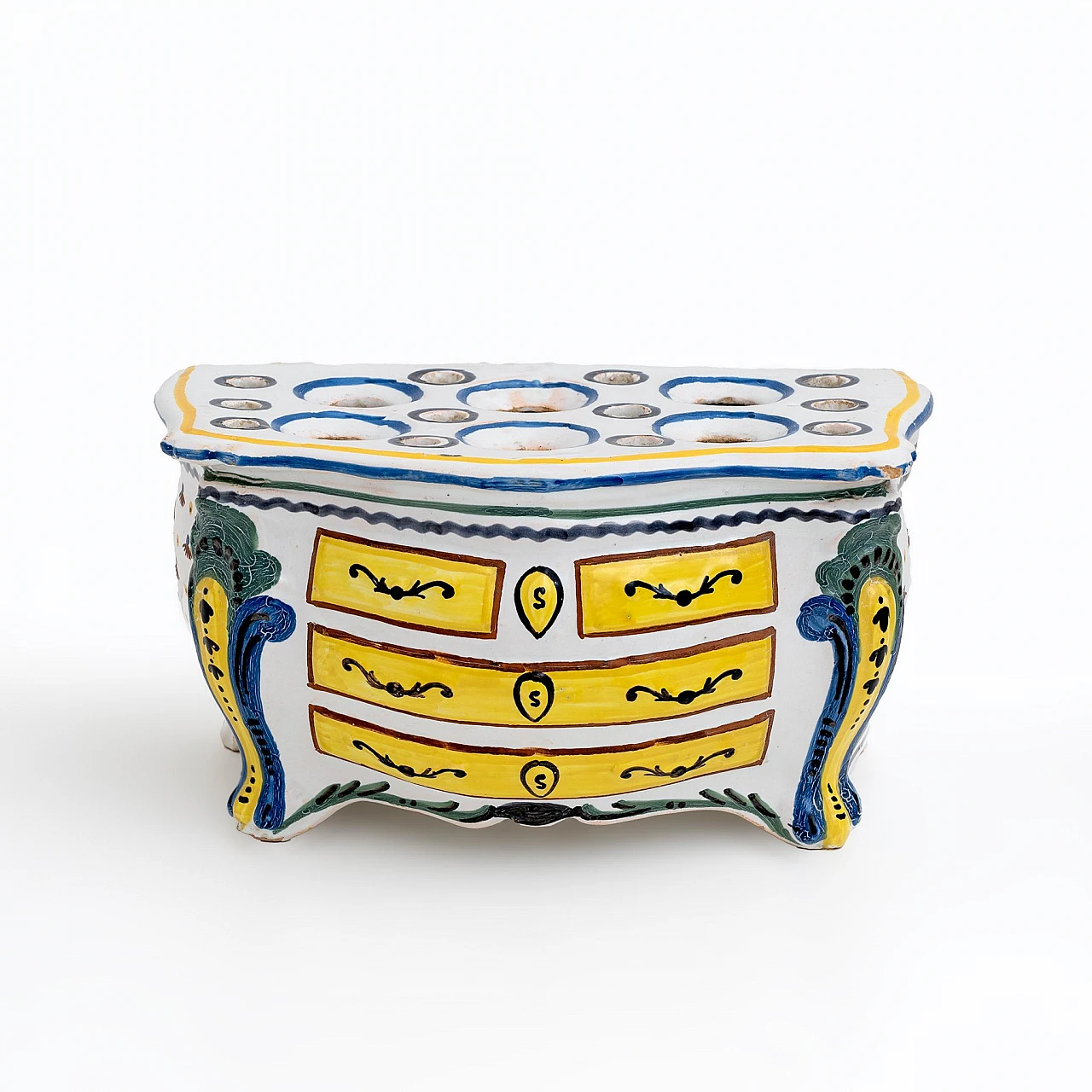 Fioriera a forma di Commode in maiolica policroma, '700 6