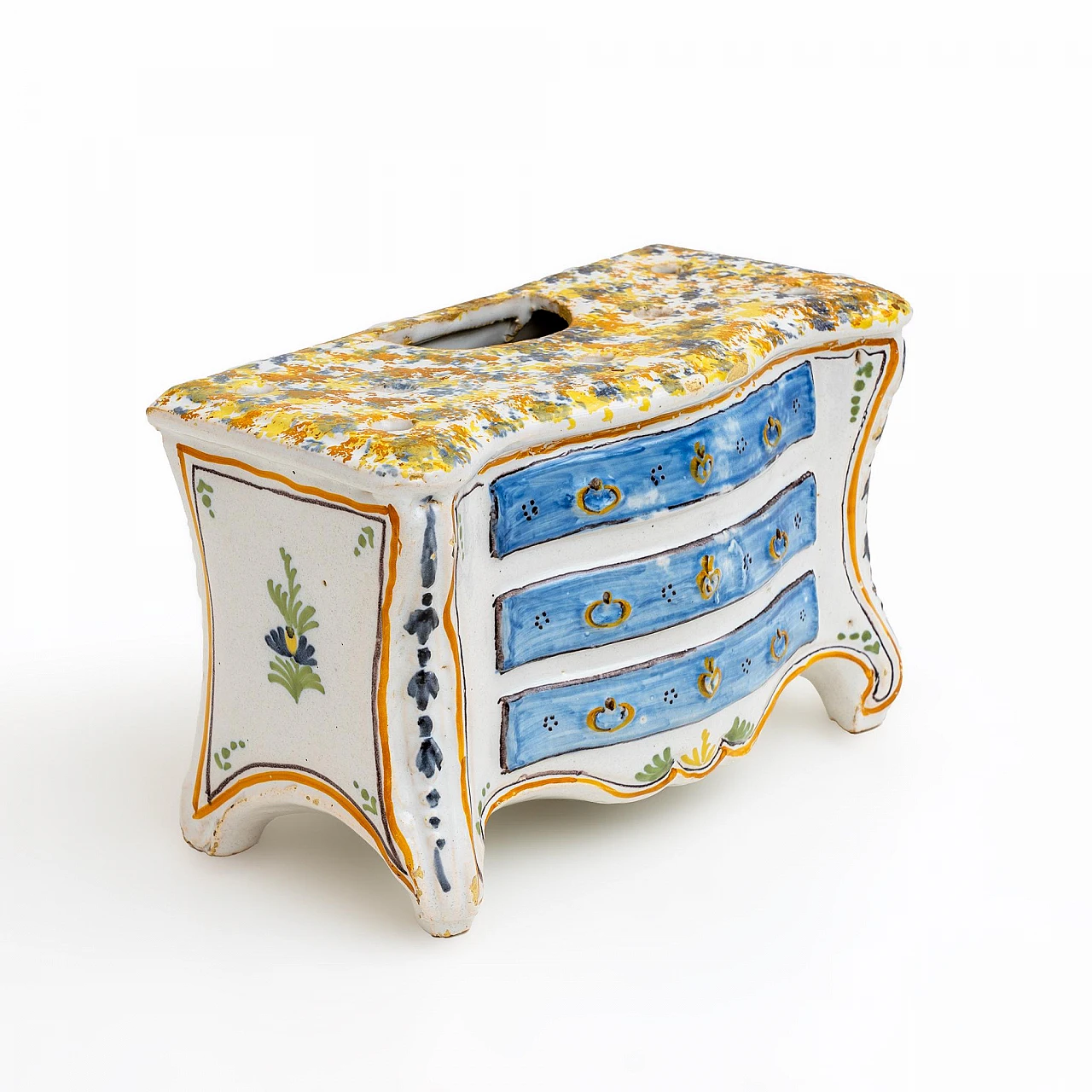 Fioriera a forma di Commode in maiolica policroma, '700 7