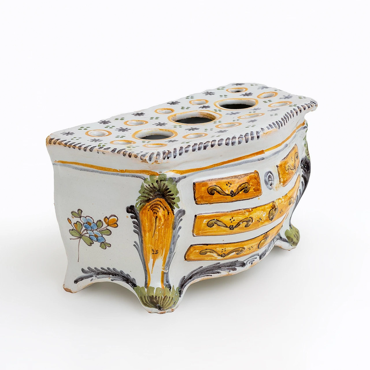 Fioriera a forma di Commode in maiolica policroma, '700 10