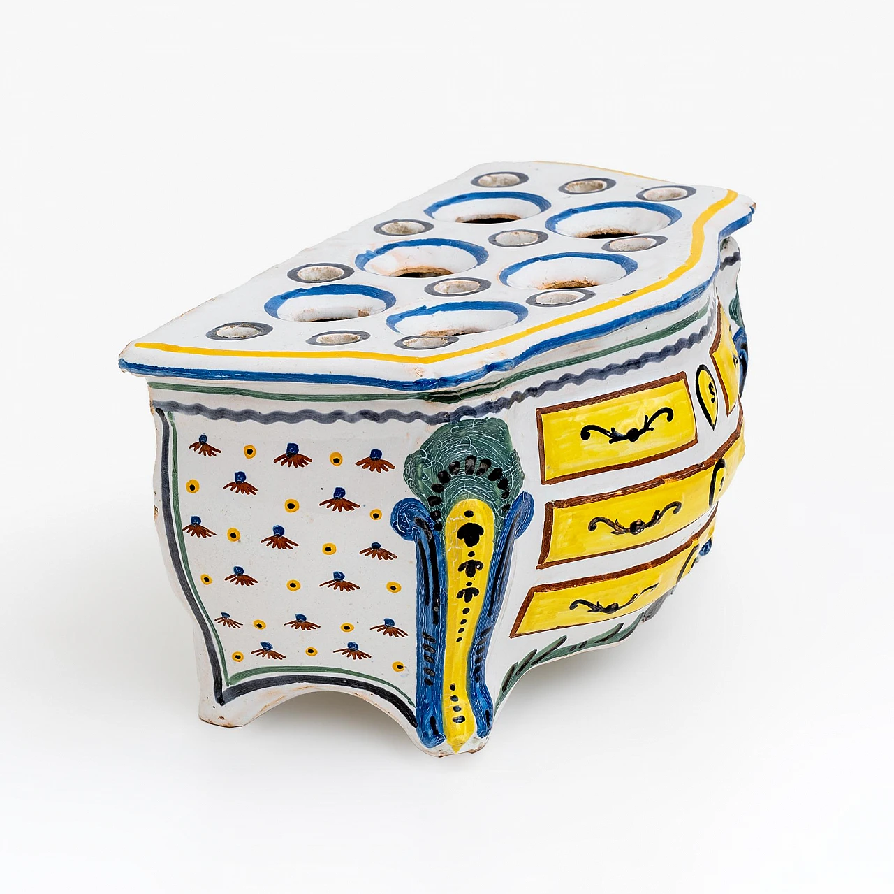 Fioriera a forma di Commode in maiolica policroma, '700 13