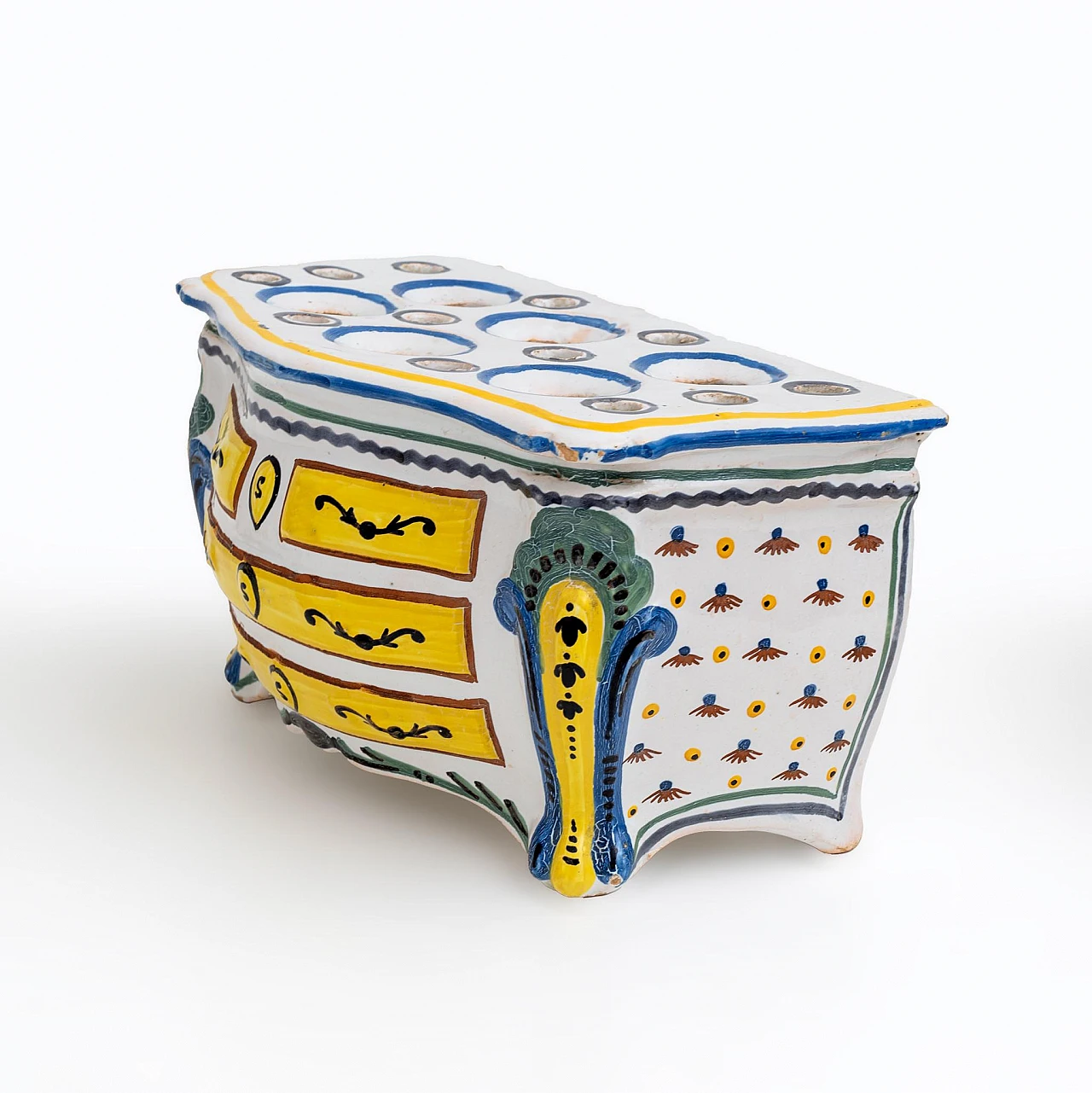 Fioriera a forma di Commode in maiolica policroma, '700 15