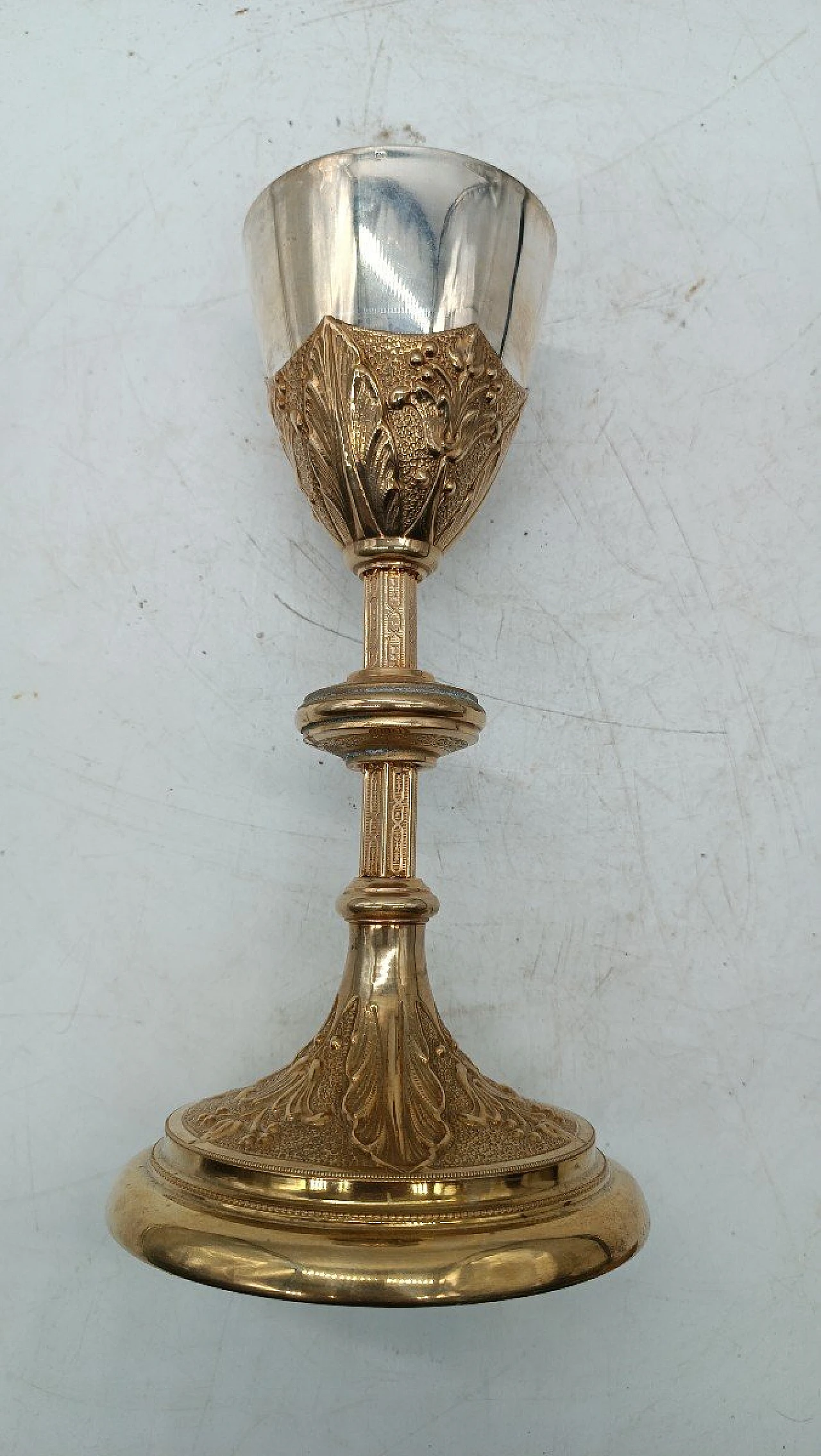 Gothic-style silver and brass chalice with paten 10