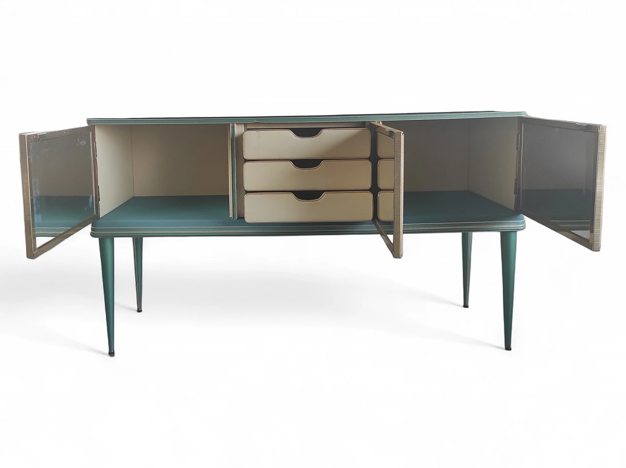 Green vinyl sideboard with mirror by Umberto Mascagni, 1950s 2