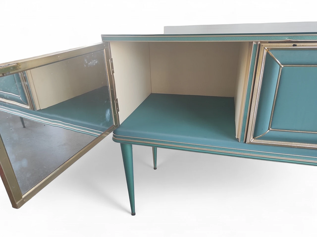 Green vinyl sideboard with mirror by Umberto Mascagni, 1950s 7