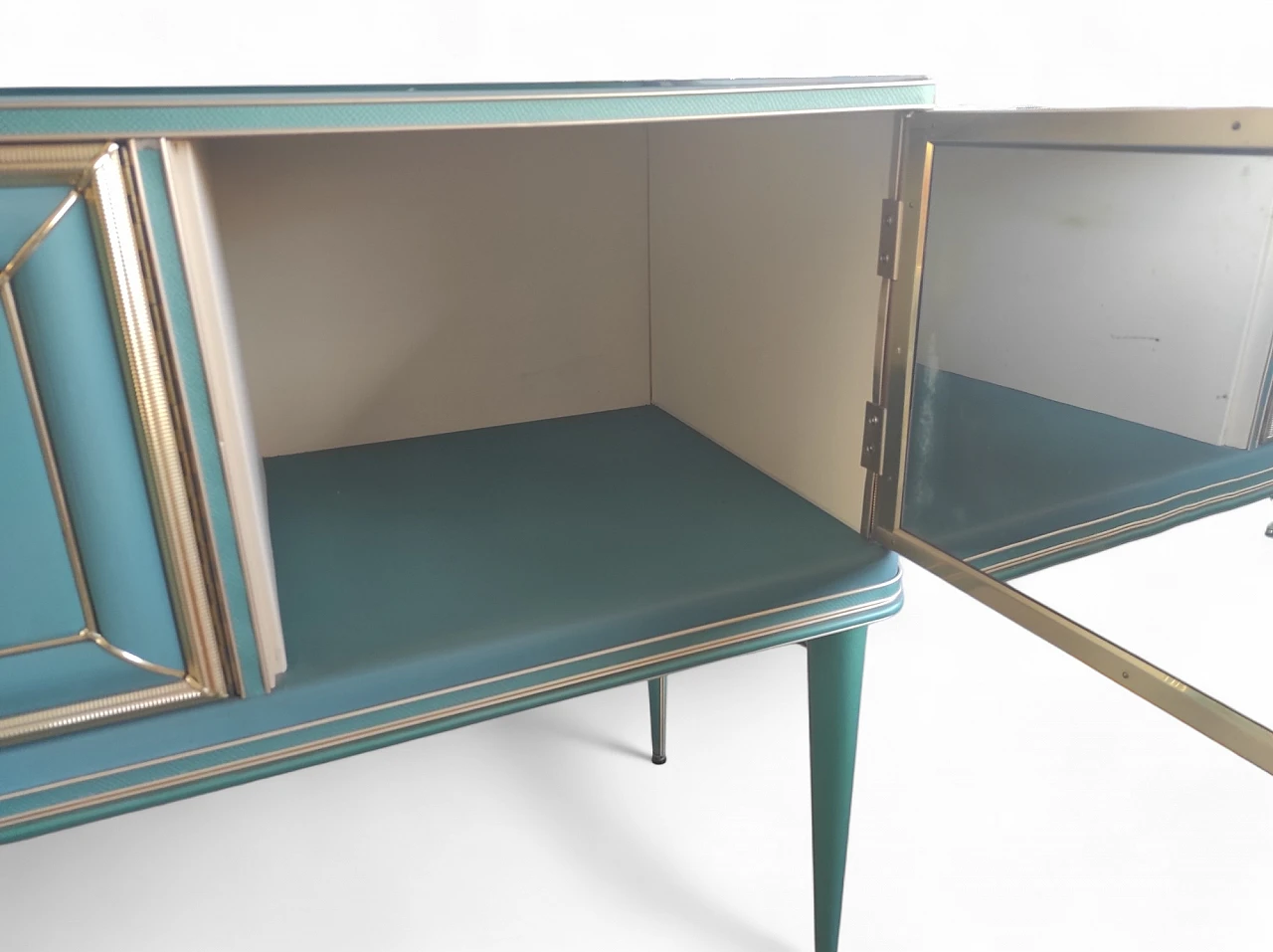 Green vinyl sideboard with mirror by Umberto Mascagni, 1950s 11