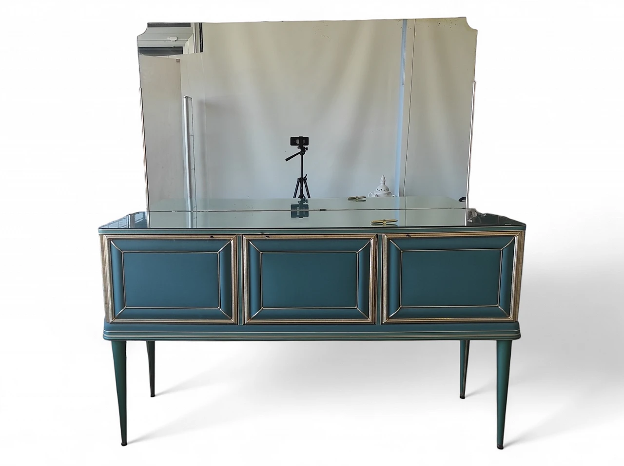 Green vinyl sideboard with mirror by Umberto Mascagni, 1950s 15