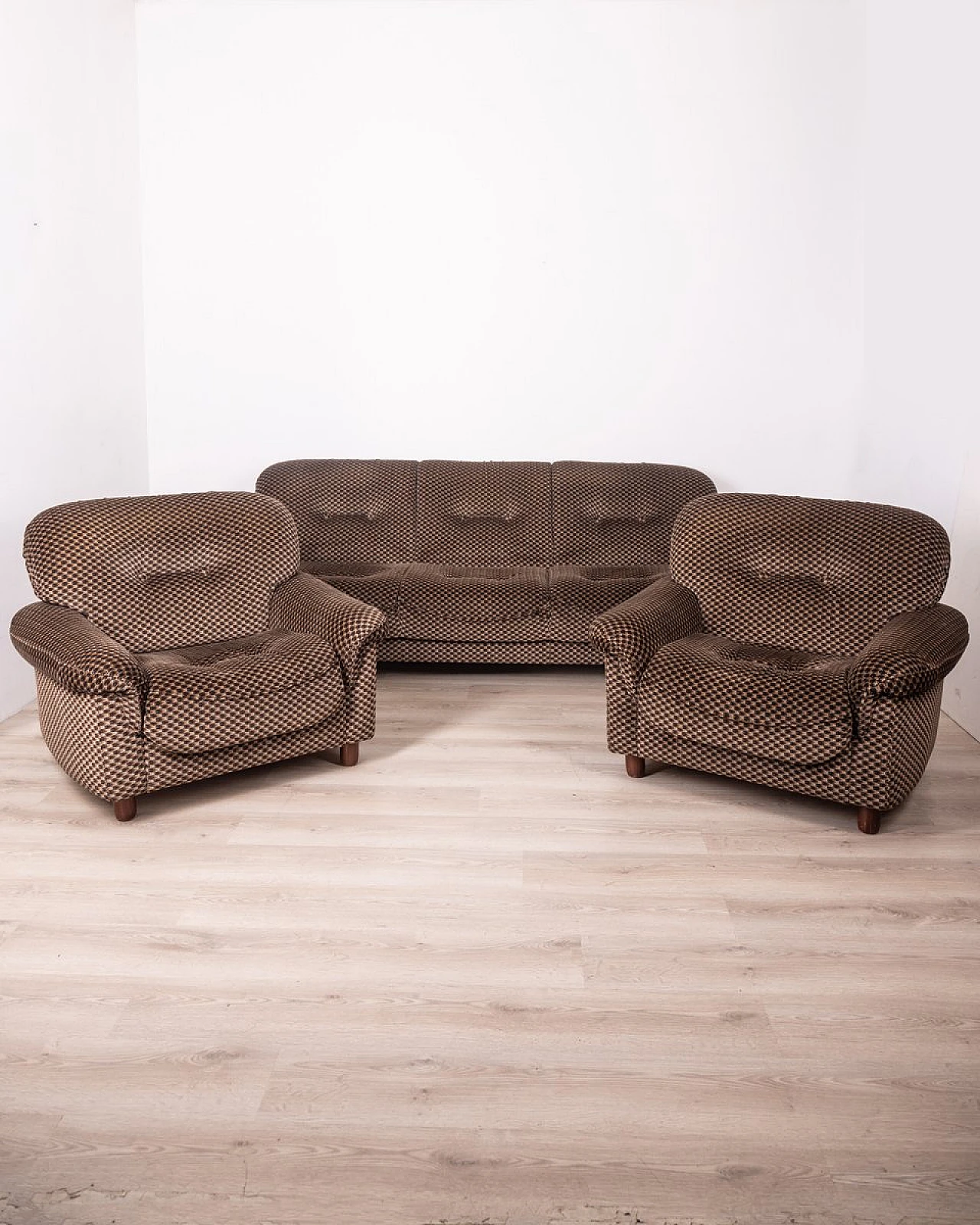 Padded living room in brown fabric with wooden feet, 1970s 1