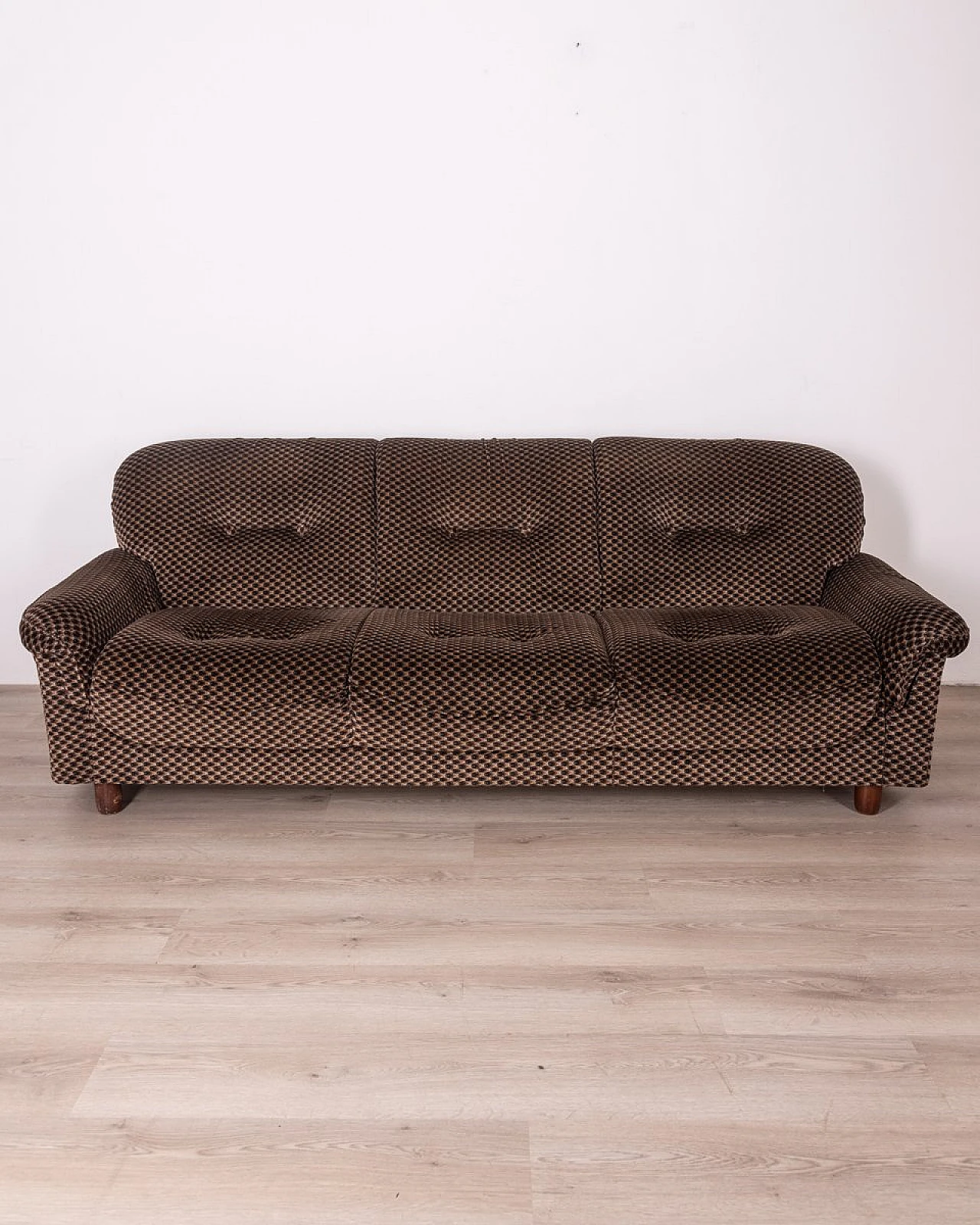 Padded living room in brown fabric with wooden feet, 1970s 2