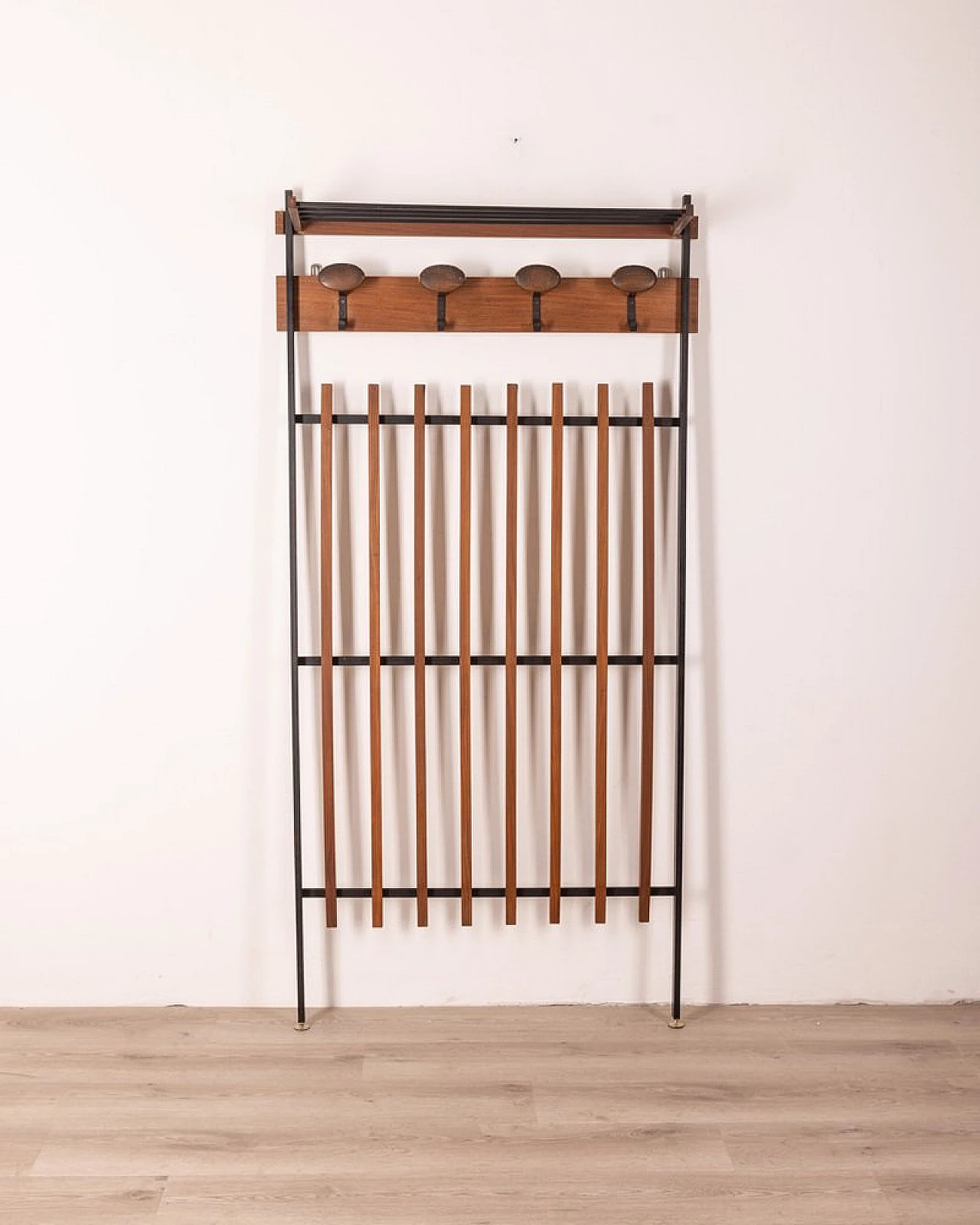 Wall clothes rack in wood, black metal and brass, 1960s 1