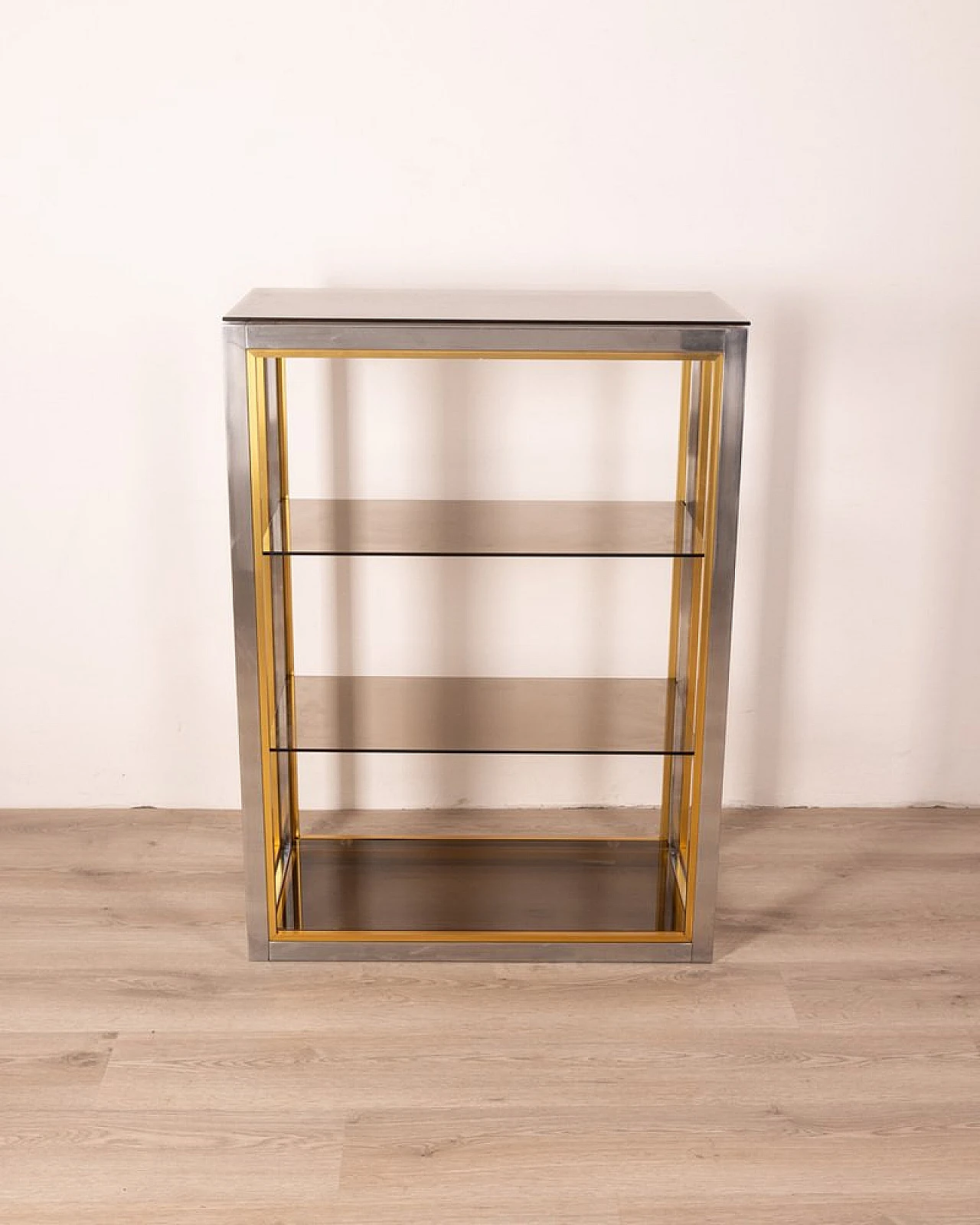 Showcase in chromed metal, brass & smoked glass by R. Zevi, 1970s 1