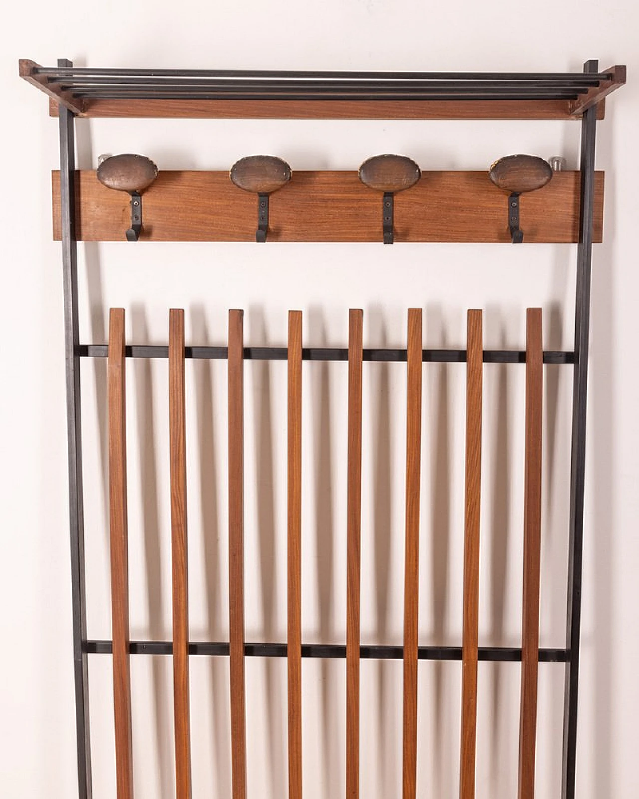 Wall clothes rack in wood, black metal and brass, 1960s 2