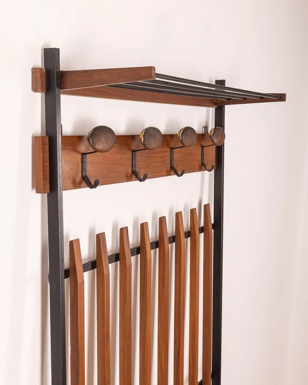 Wall clothes rack in wood, black metal and brass, 1960s 3