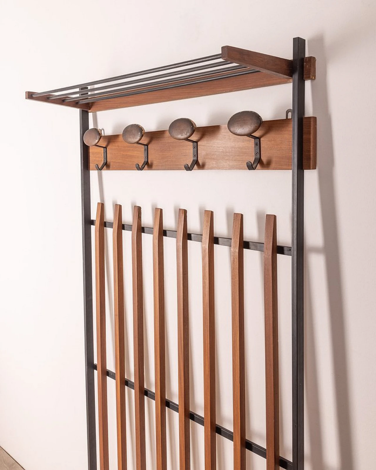 Wall clothes rack in wood, black metal and brass, 1960s 4