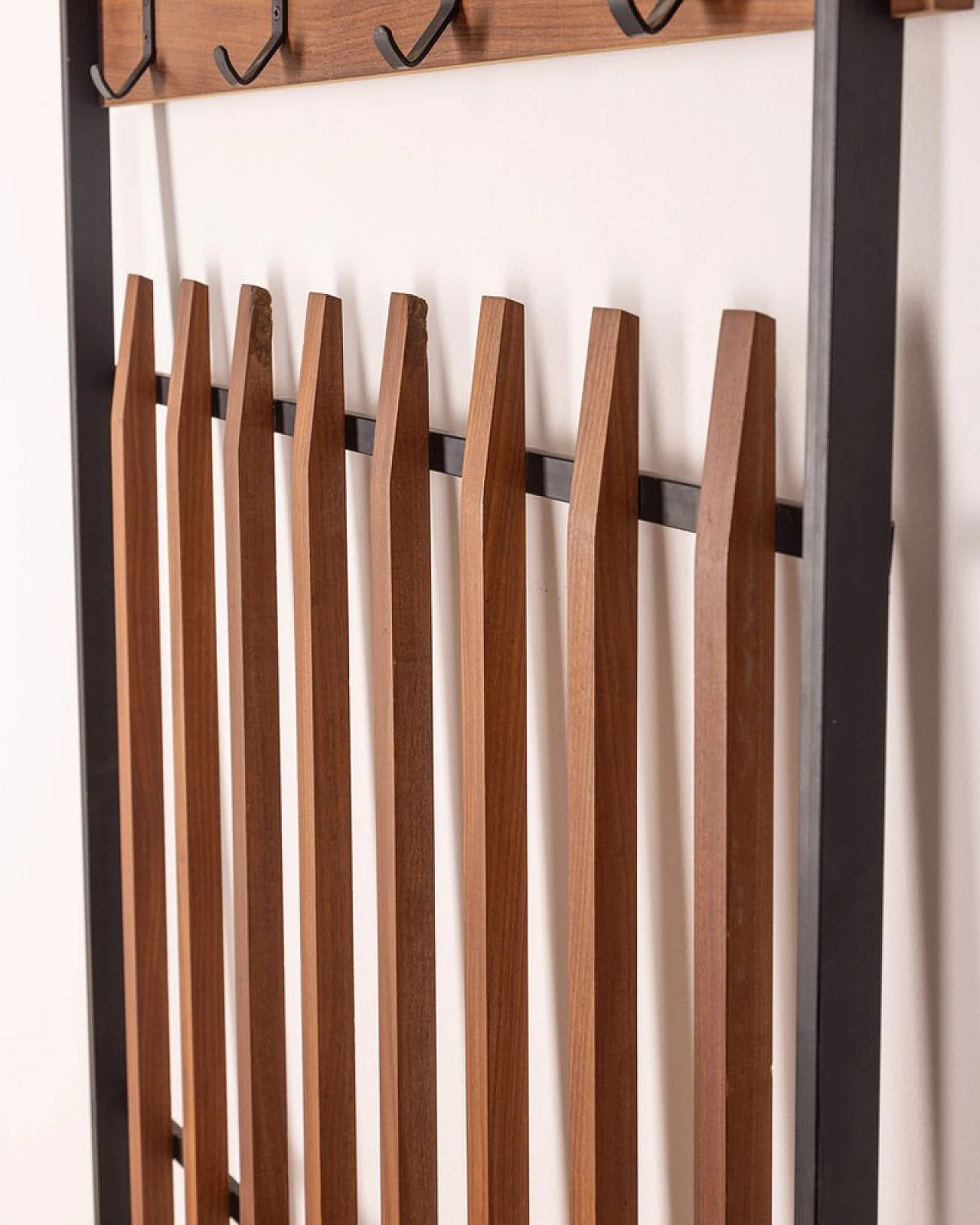 Wall clothes rack in wood, black metal and brass, 1960s 5