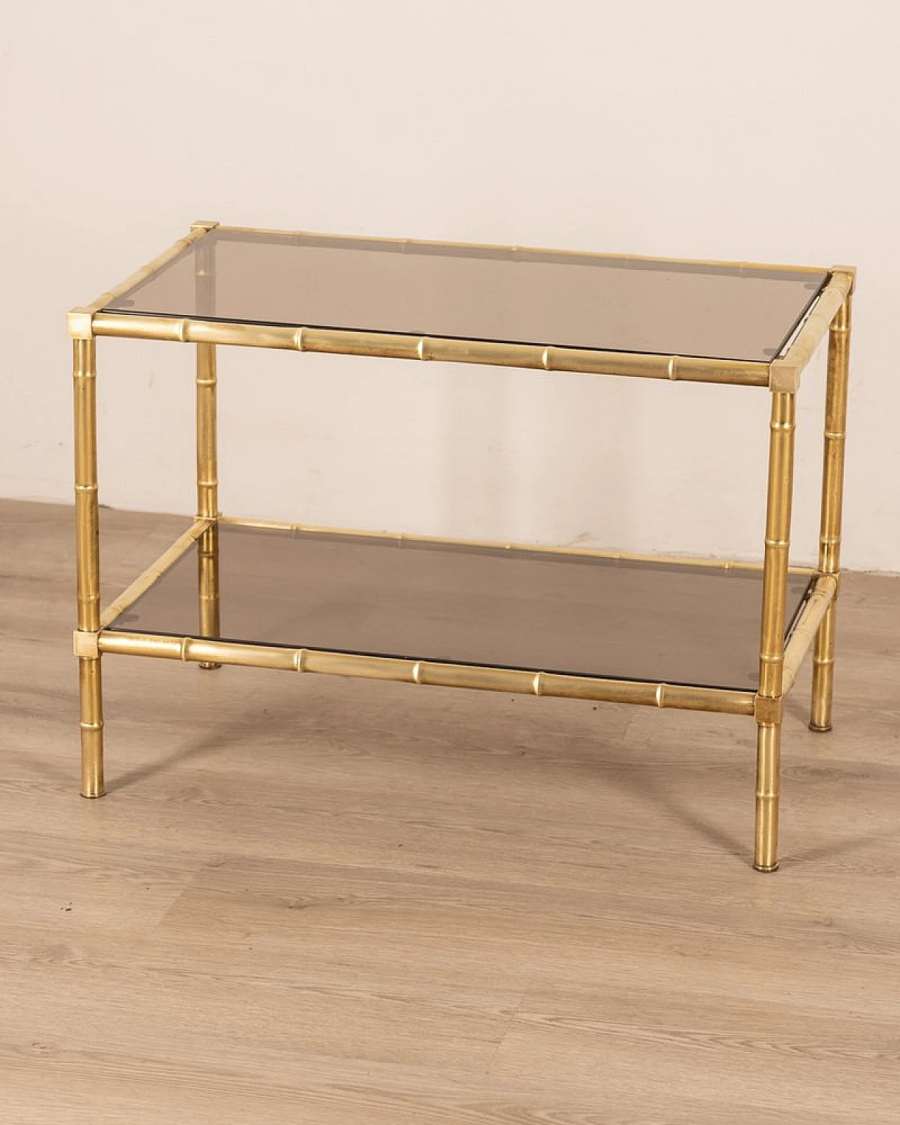 Coffee table with double top in golden brass and smoked glass, 1960s 1