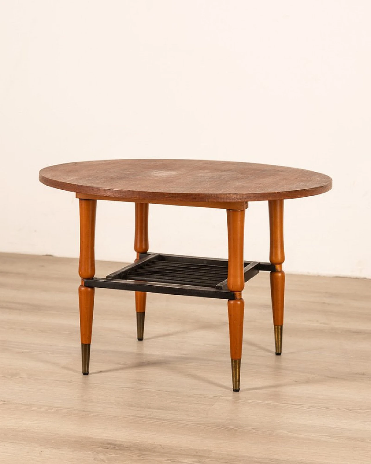 Round wood and brass coffee table with black top, 1960s 1