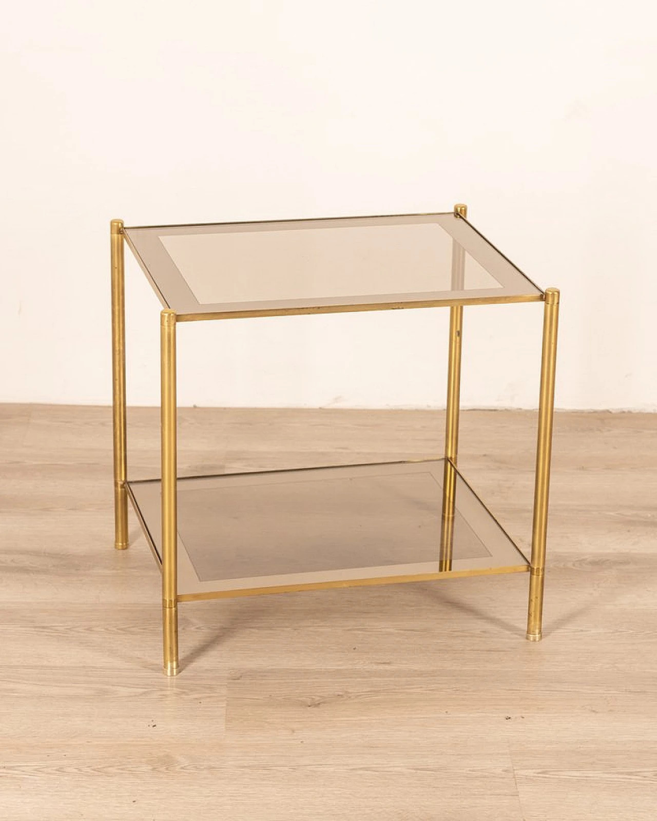 Double-top coffee table in golden brass and smoked glass, 1960s 1