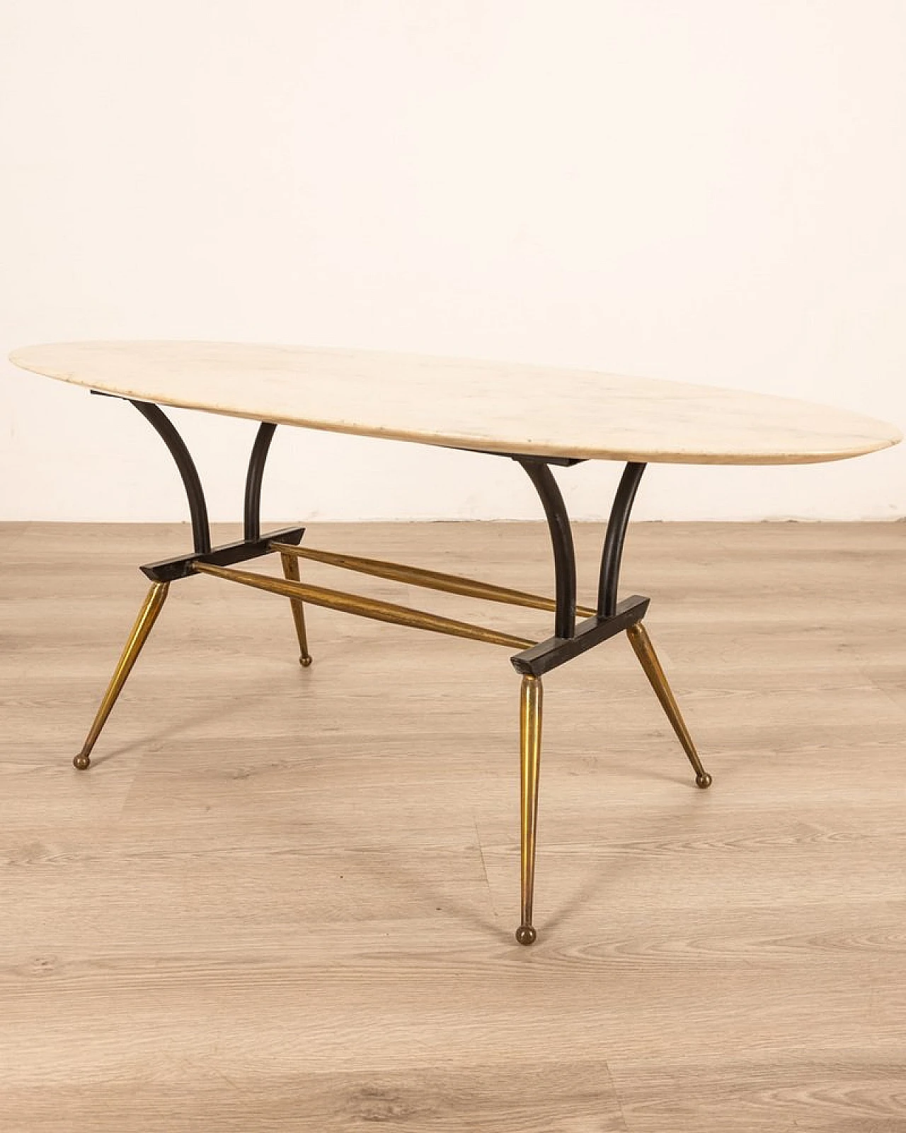 Coffee table in brass & metal with oval marble top, 1960s 1