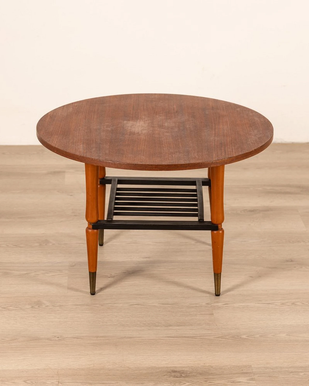 Round wood and brass coffee table with black top, 1960s 2